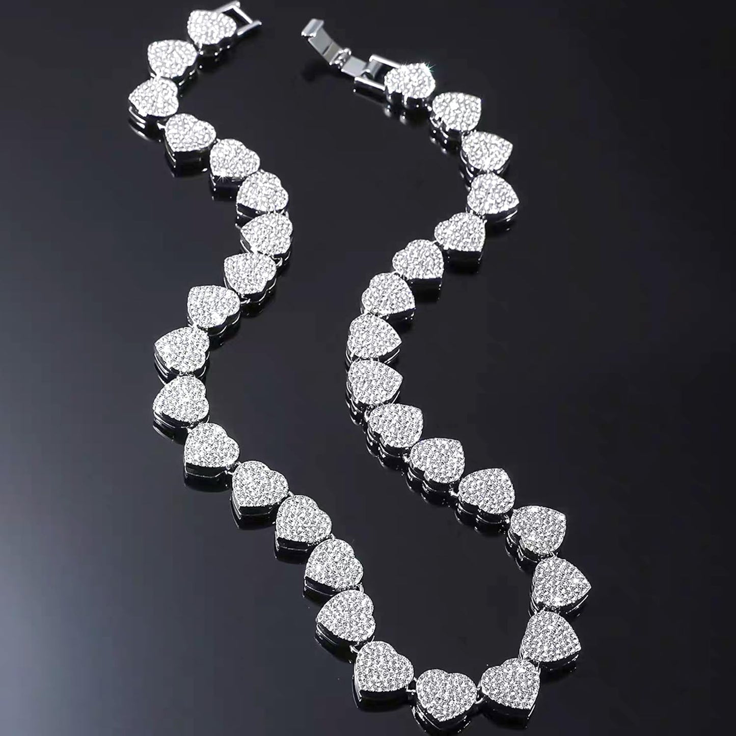 Zeffy Diamond Tennis Necklaces for Women Cuban Link Chain Cute Heart Necklace Silver Rhinestone Cuban Necklace Sparkly Diamond Choker Necklaces for Women Trendy Tennis Bridal Wedding Jewelry Gifts