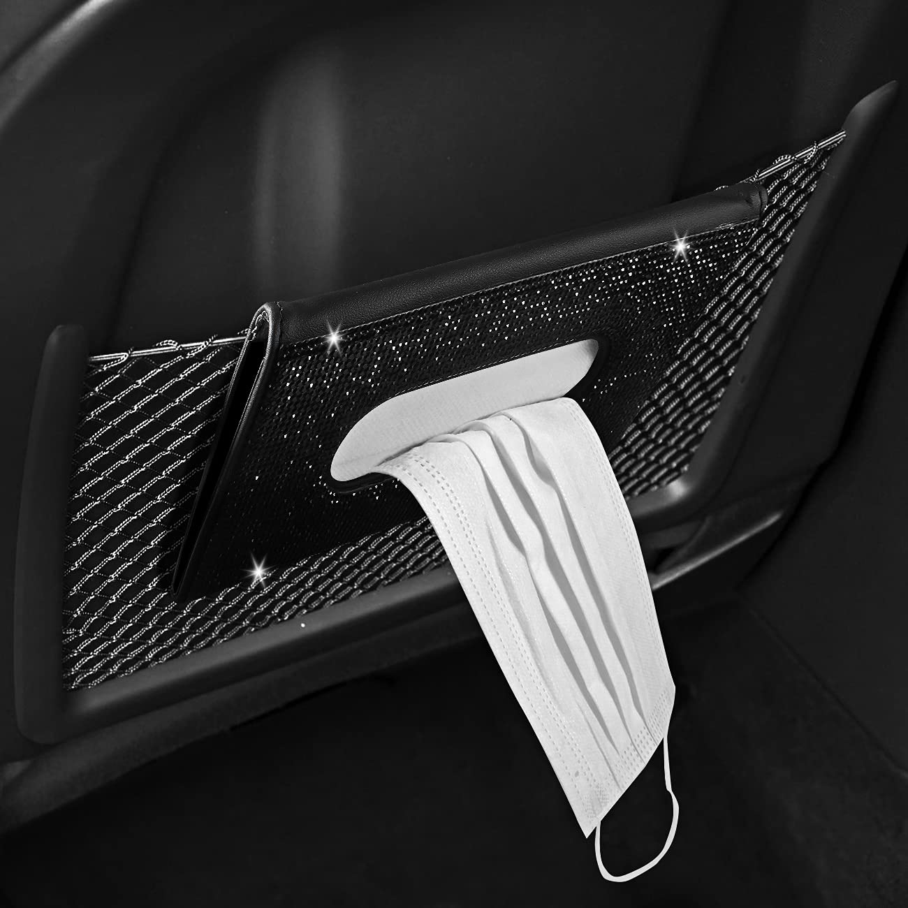 【2024 Upgraded】 Bling Car Sun Visor Tissue Box with Refills Paper Towels, PU Leather Backseat Mask Case,Crystal Sparkling Napkin Holder, Handmade Decoration Accessories for Women,Girls,Ladies as Gift