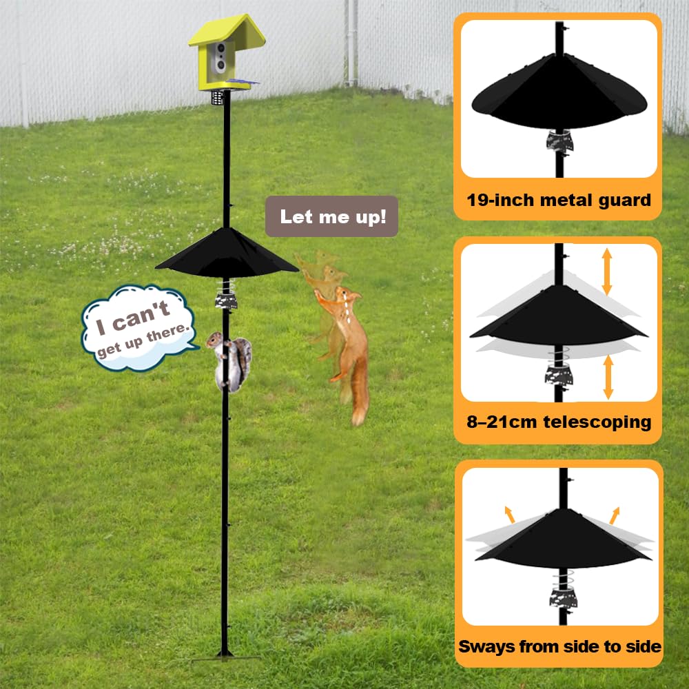 Smart Bird Feeder Pole with Metal Squirrel Baffle,92Inches Bird House Poles for Outdoors,1-Inch Dia Heavy-Duty Pole for Bird Feeder,Squirrel Proof Baffle with Stainless Steel Spring for Defense.