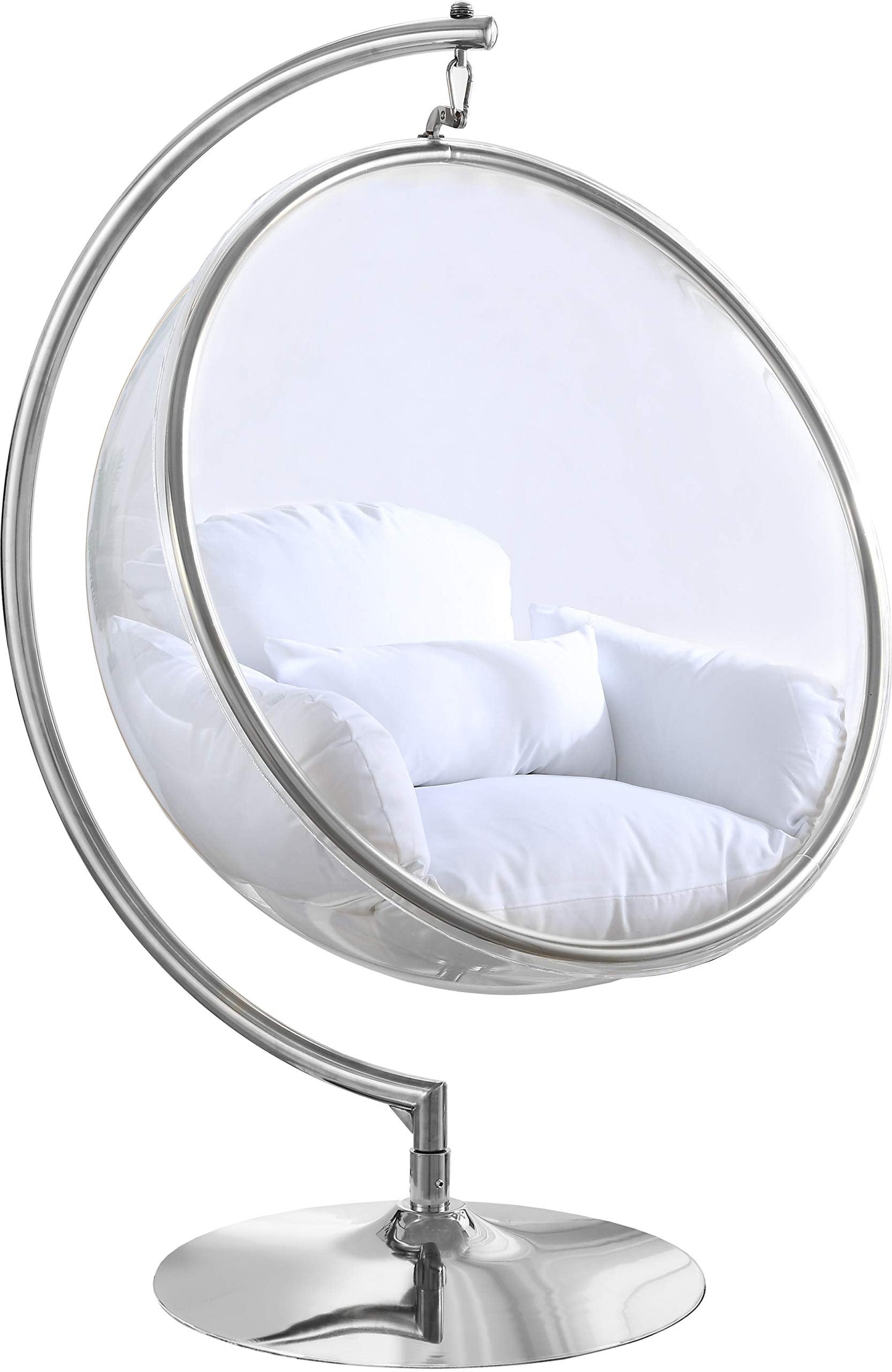Meridian Furniture 507White Luna Collection Modern | Contemporary Clear Acrylic Accent Swing Chair with Durable Metal Base and Fabric Seat, White, Chrome Finish, 41.5" W x 29.5" D x 64" H