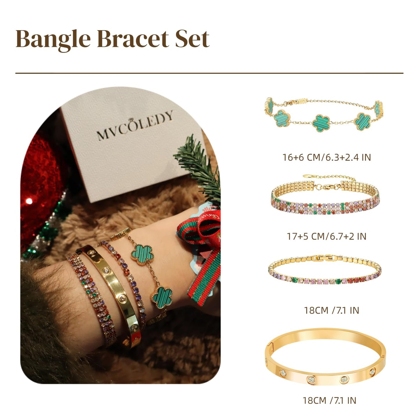 MVCOLEDY 18 K Gold Plated Love Bracelet Stack for Women 4-Piece Bracelet Shell Floral Clover Chain, Tennis Chain and Crystal Gold Bangle, Love Bracelet Design Gift Jewelry for Valentines Day