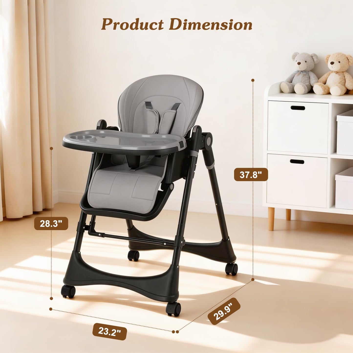 3-in-1 Baby High Chair with Soothing Rocker | Convertible Baby High Chair for Babies and Toddlers | Brake Wheels, Easy Clean, Space Saving | Adjustable, Removable Tray (Dark Grey)