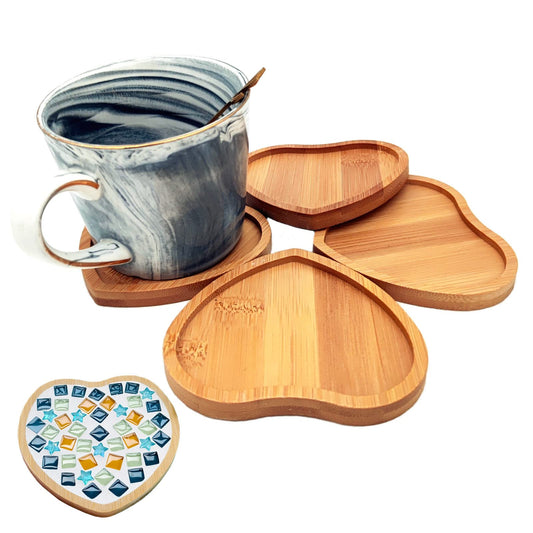4PCS Mosaic Bamboo Coasters for Crafts, Blank Base Trays, Drinking Cup Coaster, Plant Coaster, Art Plate,DIY Mosaic Supplies (Heart)