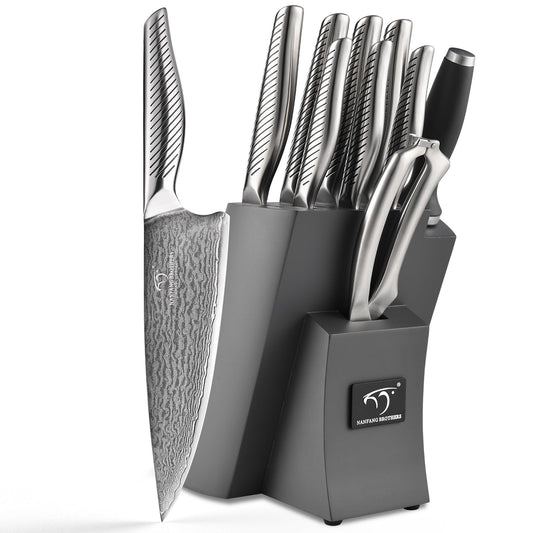 NANFANG BROTHERS® 10 Pieces Damascus Kitchen Knife Set, High Carbon Stainless Steel Damascus Steel Chef Knife Set, Stainless Steel Ergonomic Handle for Chef, with Built-in Sharpening Rod NF