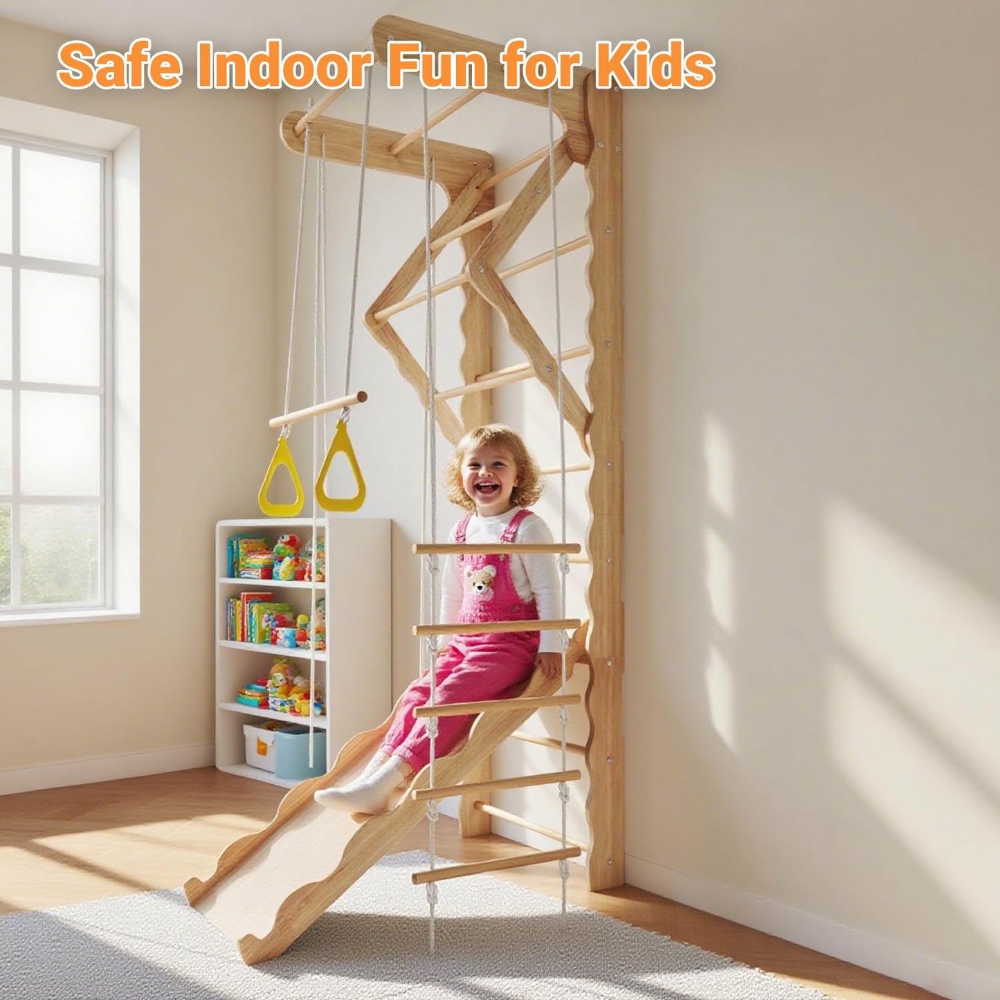 Mulinsonfly 5-in-1 Wooden Indoor Jungle Gym for Kids, Wall-Mounted Swedish Ladder with Pull-Up Bar, Rings, Swing, and Slide – Montessori-Inspired Kids Playset for Fun & Development, Ages 3-8