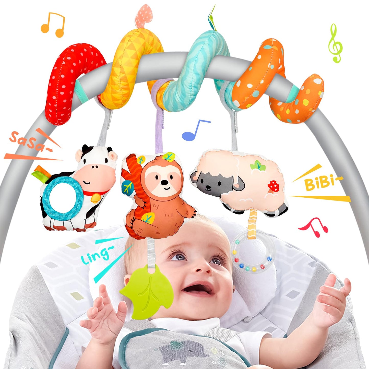 XIXILAND Car Seat Toys for Babies 0-6 Months Boy Girl Carseat Toys Hanging Spiral Stroller Toys, Infant Toys Baby Toys 0-6 Months Newborn Toys 0 3 Months Brain Development with Mirror Teether Rattle