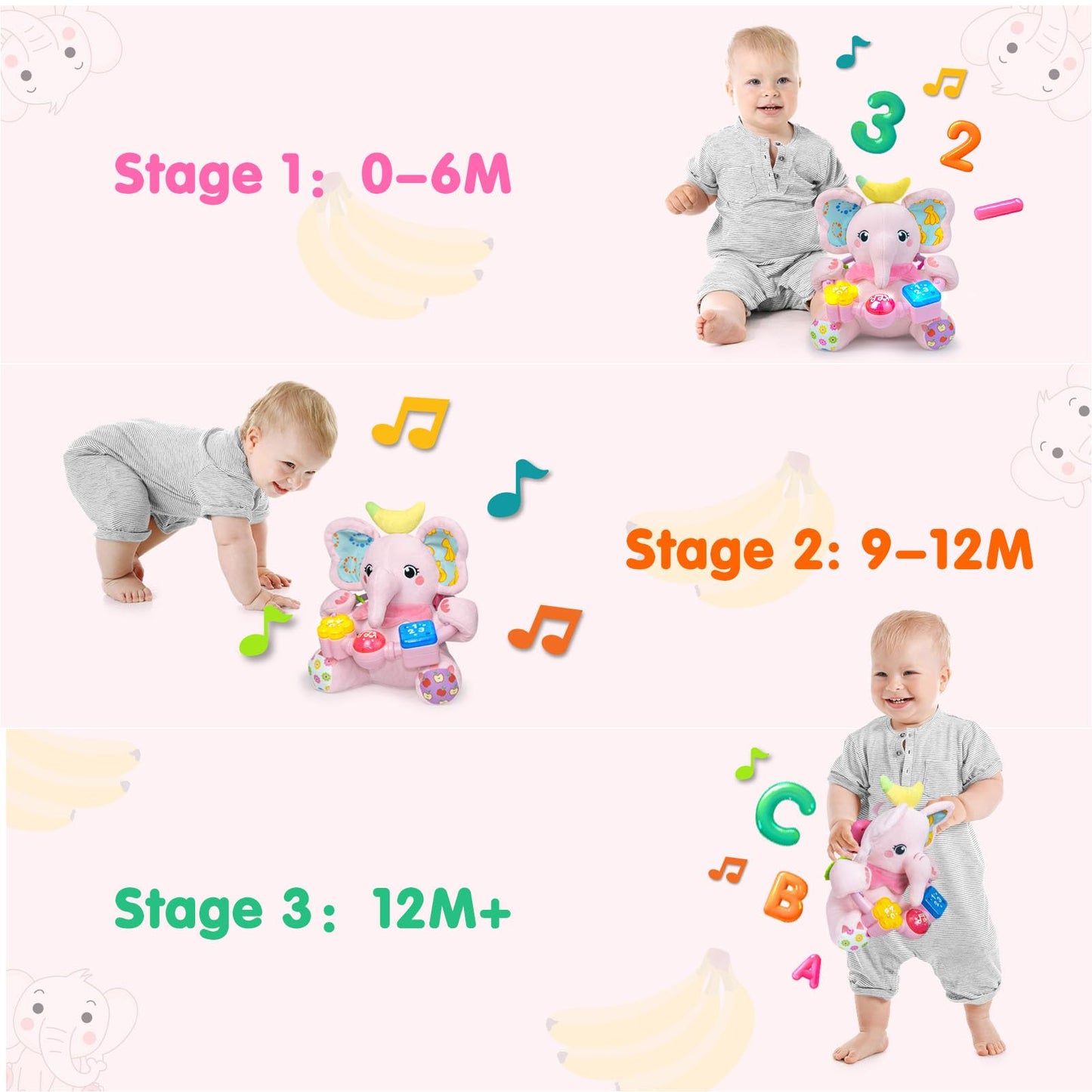 Ryotagift Baby Bilingual Musical Elephant Stuffed Animals Toys, Infant Early Learning Toy with Light-Up Music & Crinkle, Tummy Time Toys for 0 3 6 9 12+ Months for Baby Boy Girl Gift, Pink
