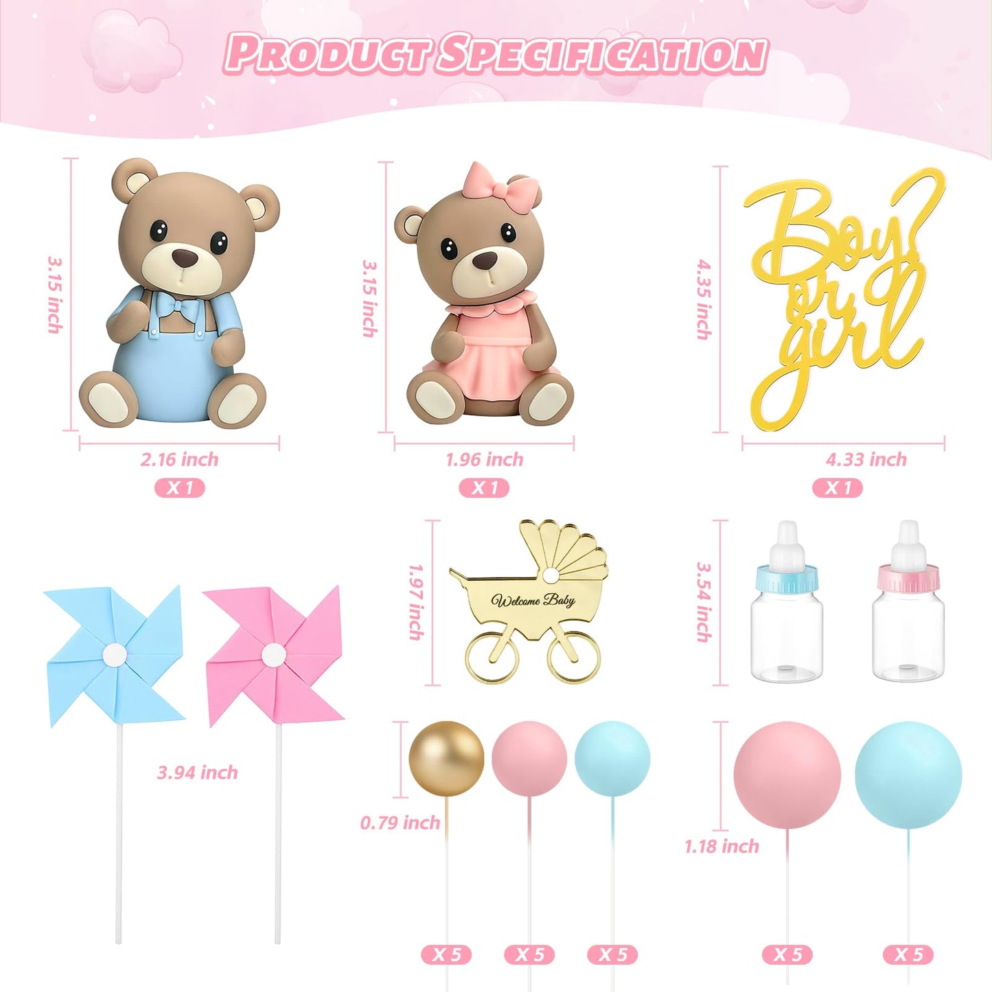 Gender Reveal Cake Toppers, Bear Cake Topper Balls Cake Decorations with Boy or Girl for Gender Reveal Baby Shower Bear Theme Party Supplies