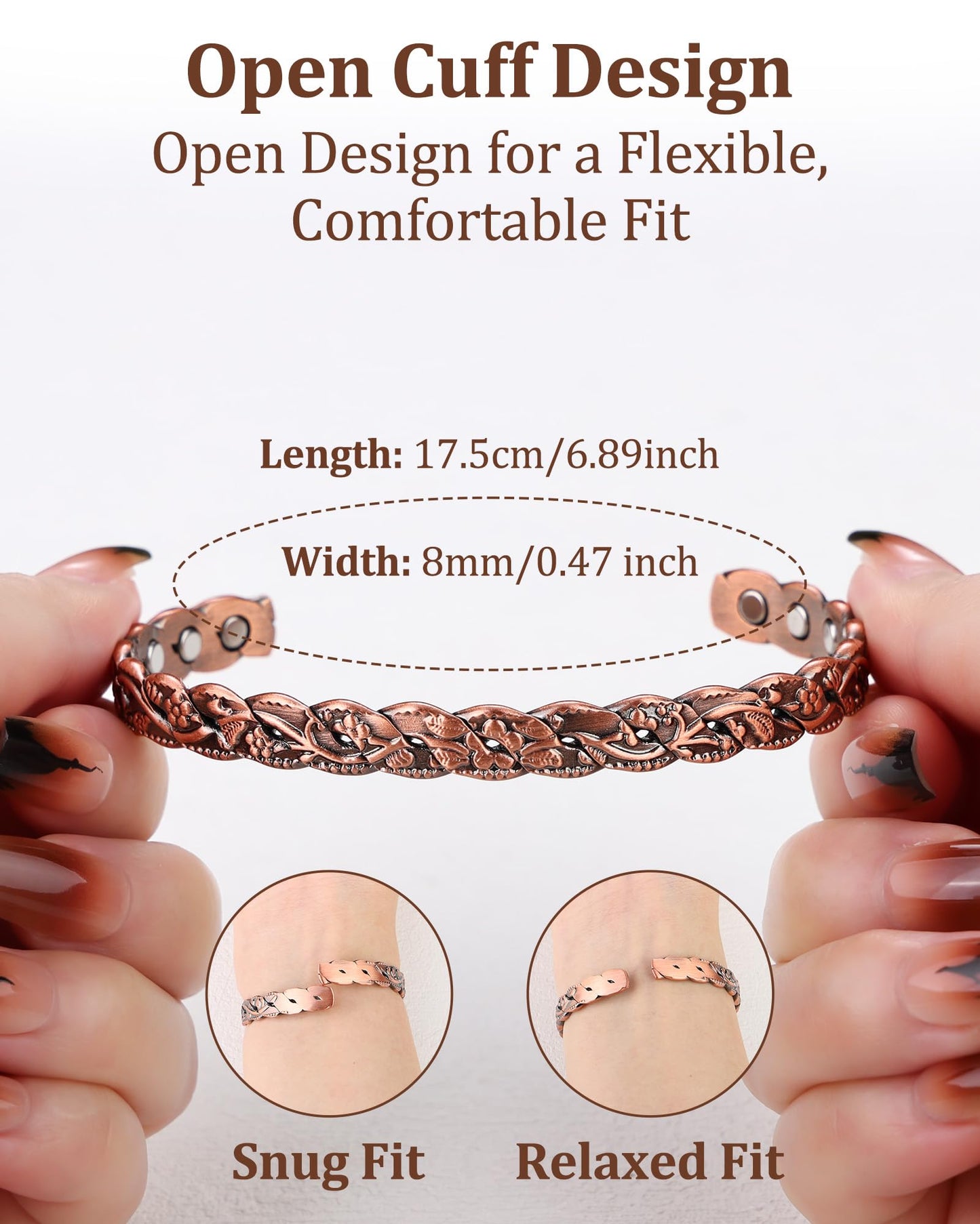 BioMag Magnetic Copper Bracelet for Women Men, 99.99% Pure Copper Cuff Bangle with 6 Pcs 3500 Gauss Magnets, Adjustable Jewerly Gift (Copper-Flower)