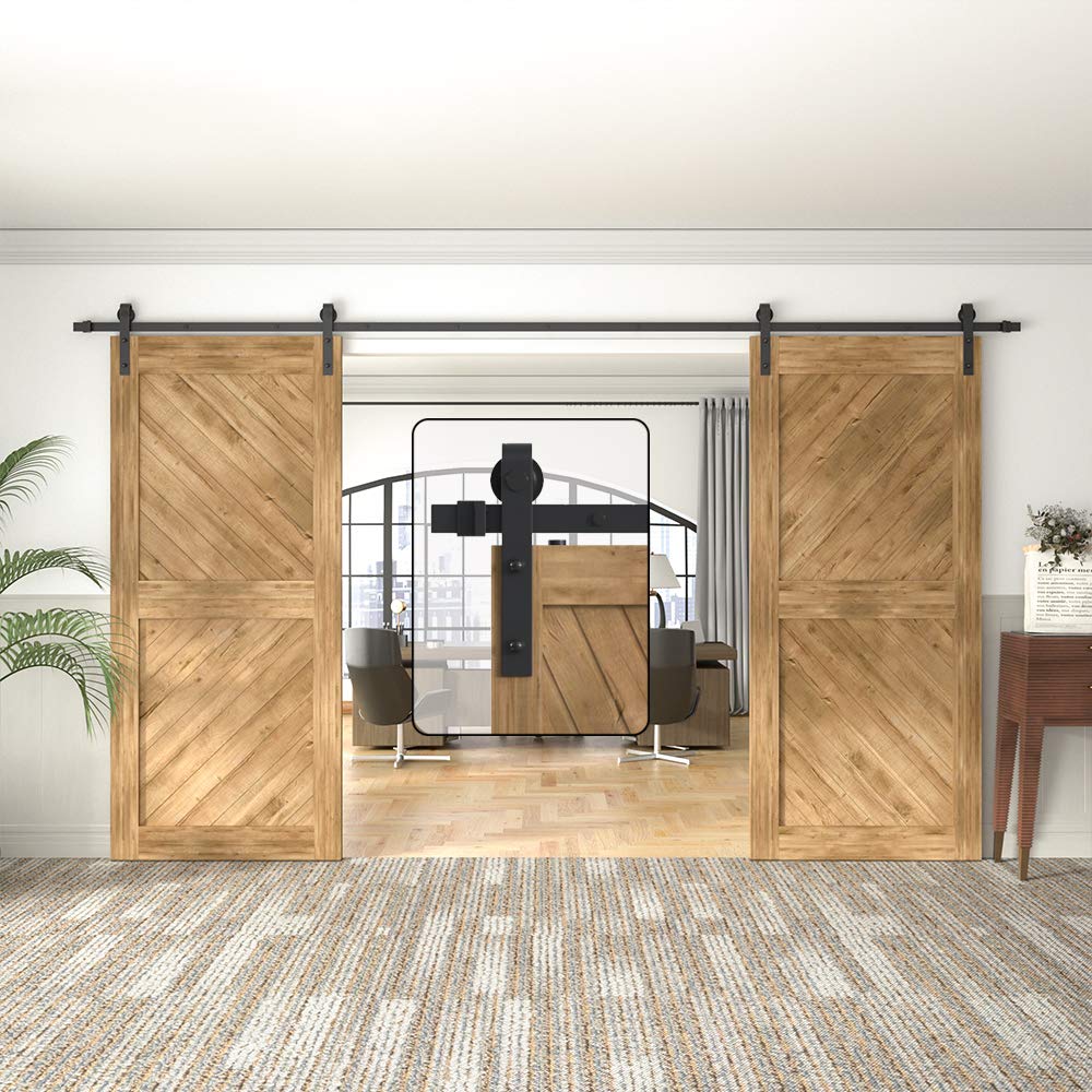WINSOON 16FT Barn Door Hardware Kit: Double Sliding Door Hardware - Heavy Duty Black Barn Door Track Kit - Carbon Steel Sliding Barn Door Rail - J-Shape Easy to Install for 96" Closet Panel(No Door)
