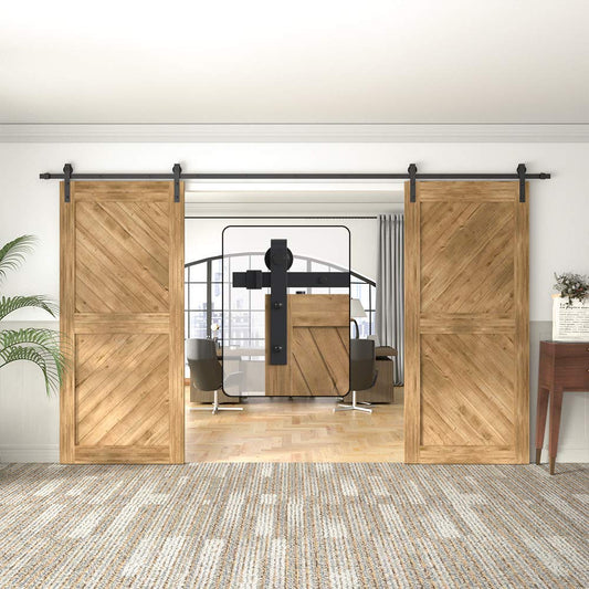WINSOON 16FT Barn Door Hardware Kit: Double Sliding Door Hardware - Heavy Duty Black Barn Door Track Kit - Carbon Steel Sliding Barn Door Rail - J-Shape Easy to Install for 96" Closet Panel(No Door)