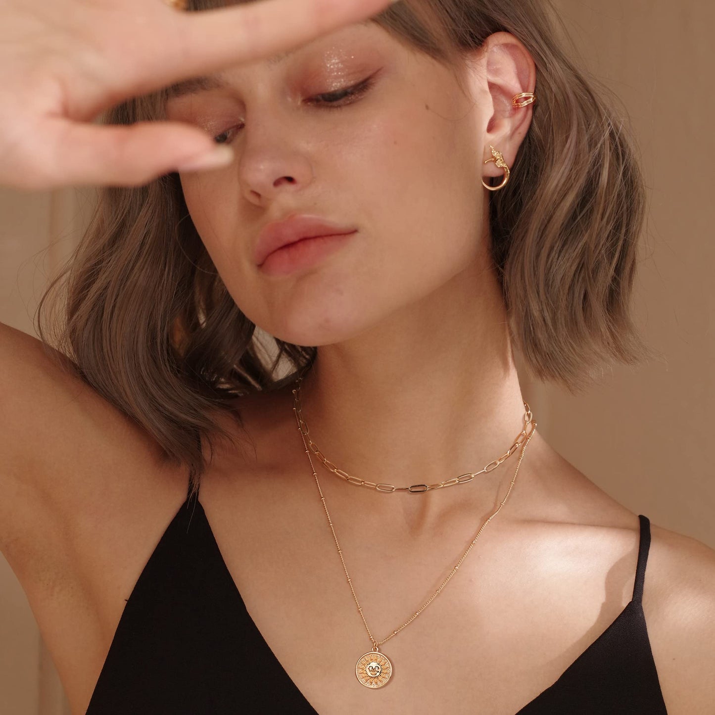 MEVECCO Gold Layered Choker Necklace for Women, 18K Gold Plated Dainty CZ Sun Face Pendant Minimalist Paperclip Double Layer Necklace for Jewelry