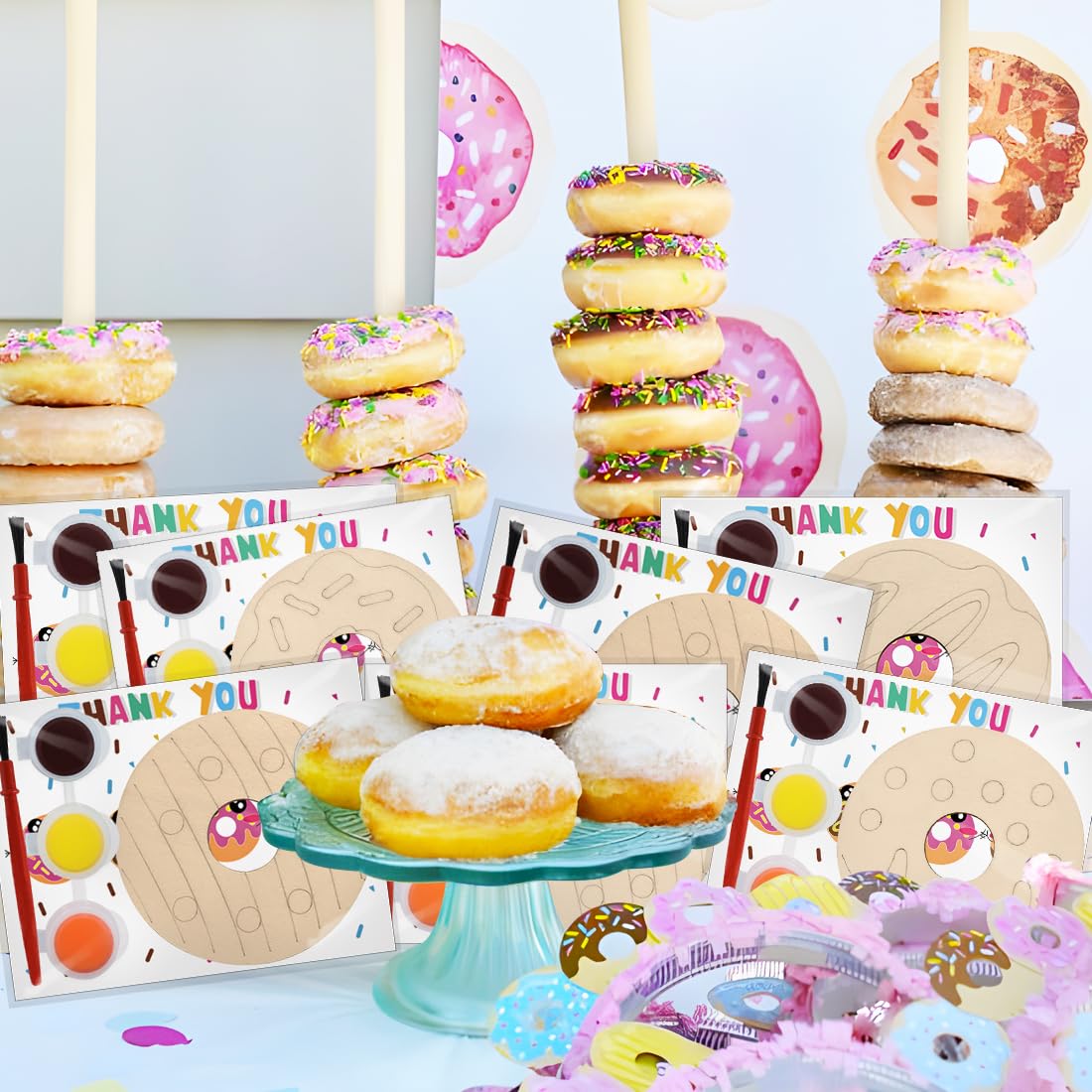 Jekocet ㅤ Sweet Donut Party Decorations 24 Pcs Wooden Donut Craft Kits to Paint with Thanks Card Donut Party Favors