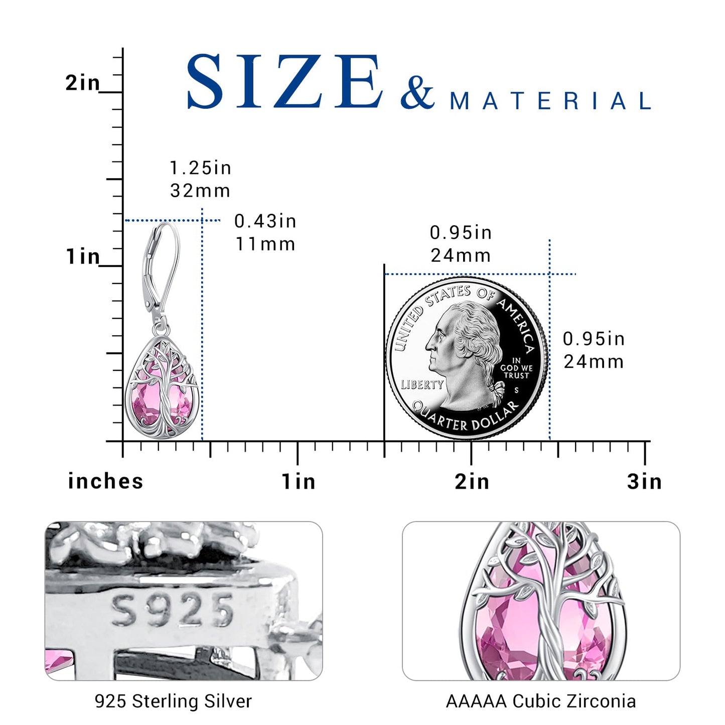Eusense Teardrop Dangle Earrings Sterling Silver Tree of Life Birthstone Jewelry Tourmaline Pink Leverback Tree of Life Earrings Gift for Women