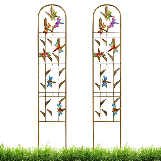 EZ4ENCE 2 Pack Metal Garden Trellis with Colorful Dragonfly Outdoor Decoration Arched Fence Trellis for Climbing Plants for Patio, Backyard, Wall Brackets
