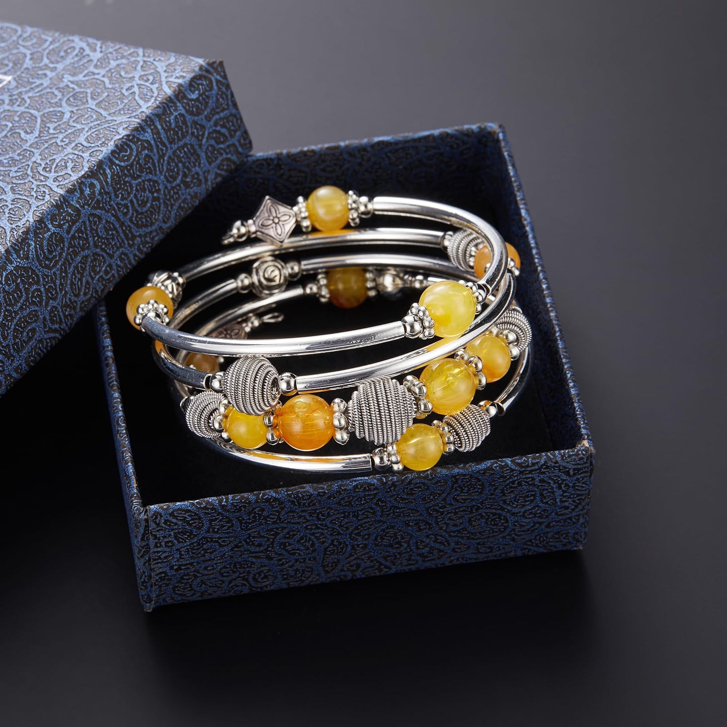 PEARL&CLUB Beaded Chakra Bangle Turquoise Bracelet - Fashion Jewelry Wrap Bracelet with Thick Silver Metal and Mala Beads, Birthday Gifts For Women(Yellow)