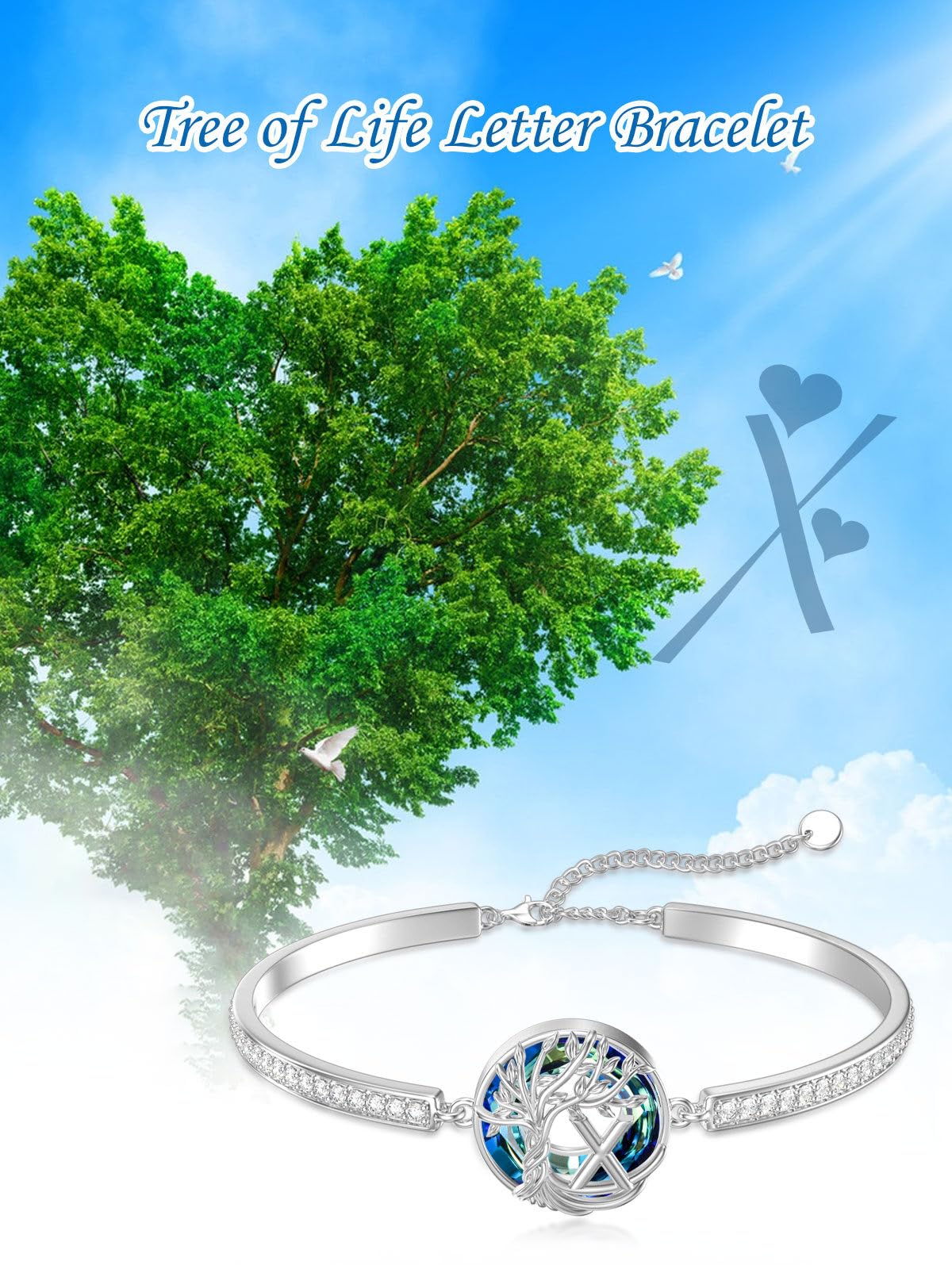 TOUPOP Tree of Life Bracelet Sterling Silver Initial X Letter Bangle Bracelet Family Tree Blue Crystal Jewelry Mothers Day Birthday Gifts for Women Mom Wife
