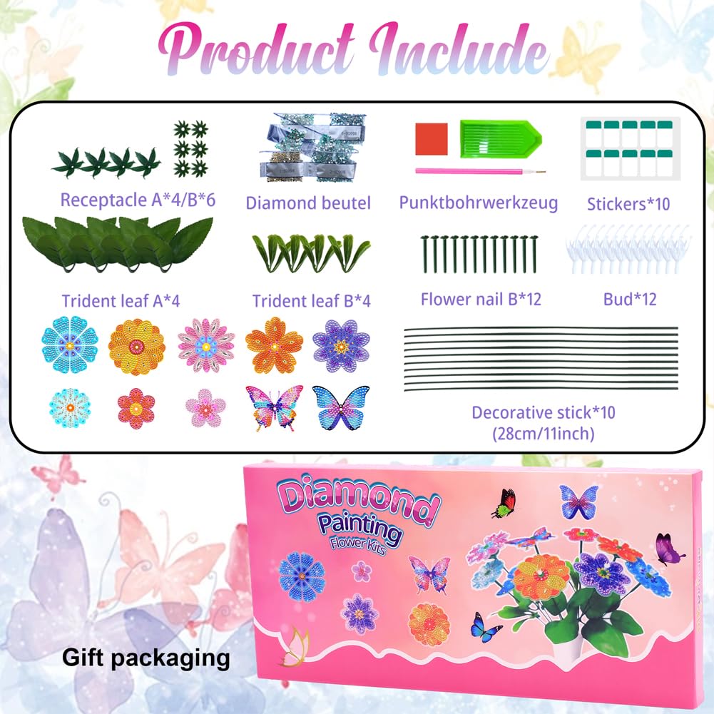 Nikolle 5D Flower Butterfly Diamond Art Kits for Adults, DIY Vase Filler Ornament Table Decoration, 10 Pcs Diamond Painting Kits for Garden Decor