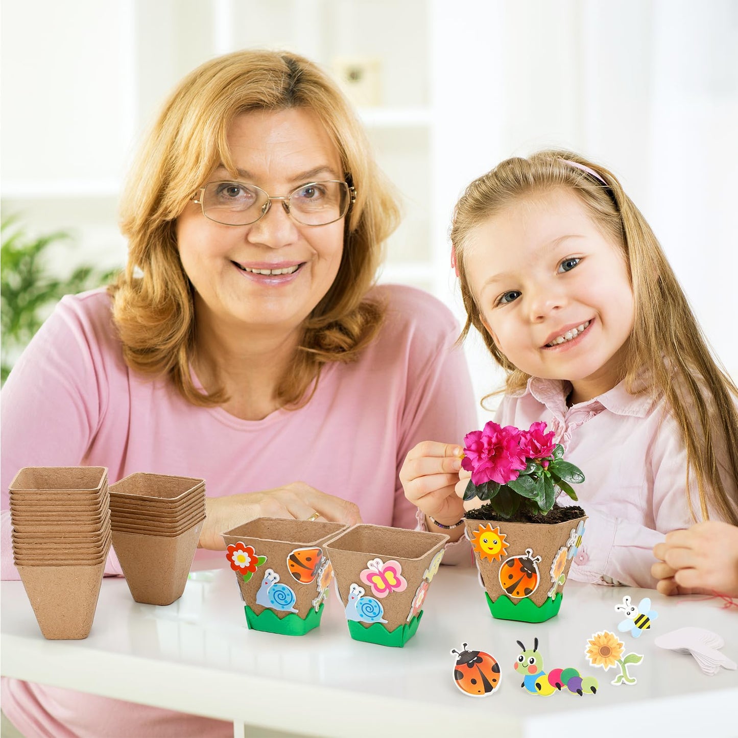 Ayfjovs 30 Pack Garden Paper Pot Craft Kit, Square Plant Pots with 120 PCS Adhesive Foam Stickers & 30 PCS Plant Pots Labels, Plant Craft for Classroom DIY Planting, Kids Summer Craft, Father's Day