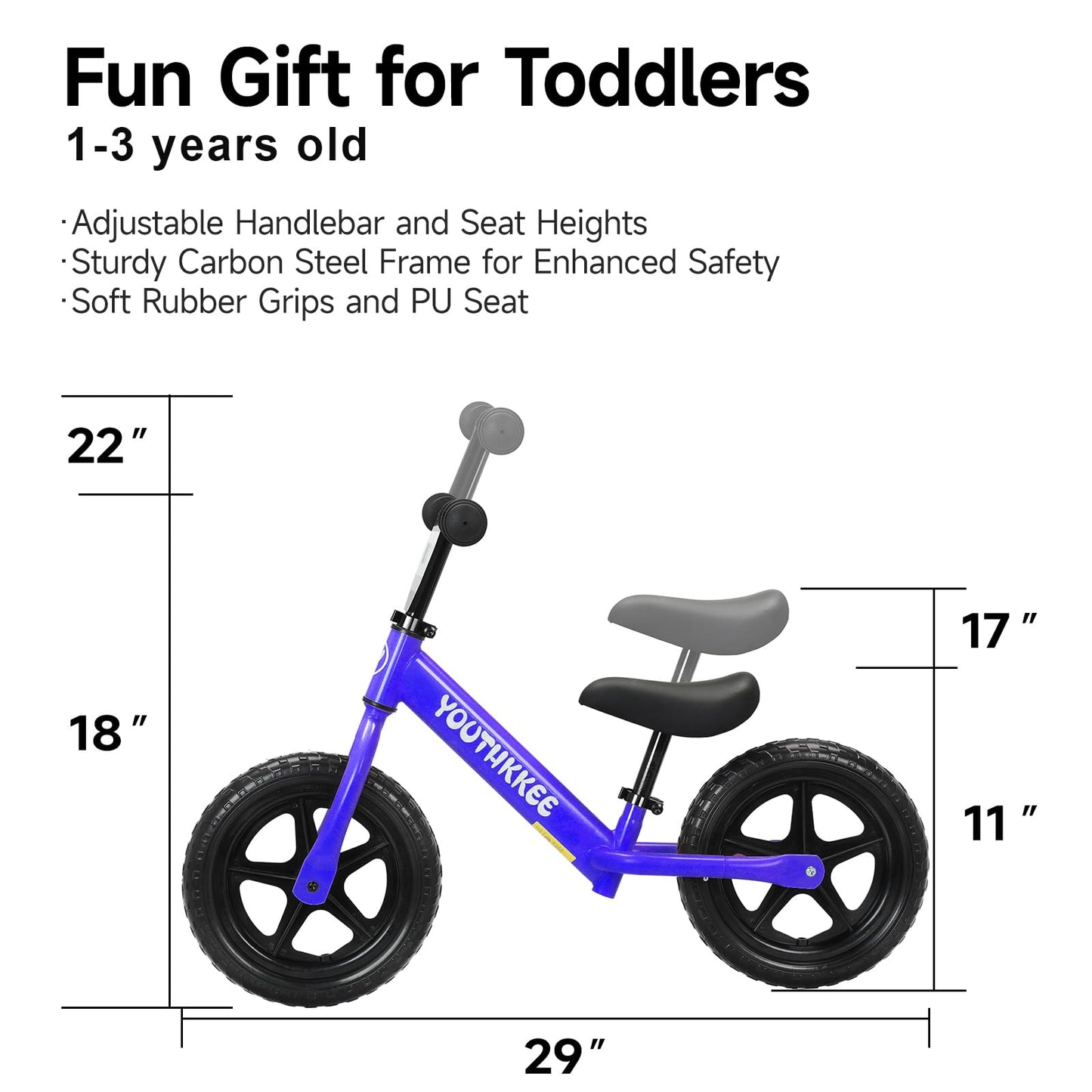 Youthkkee 12 Inch Toddler Balance Bike for 1-3 Year Olds, No-Pedal Bike with Tool-Free Adjustable Seat, Quick Assembly, Gift for 1-3 Year Old Boys & Girls with Customizable Plate