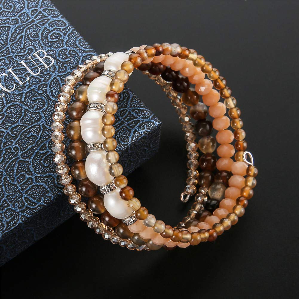 Beaded Freshwater Pearl Chakra Bracelet - Multi Strand Wrap Bracelet with Natural Crystal Agate Beads, Birthday Gifts for Women(29-Brown)