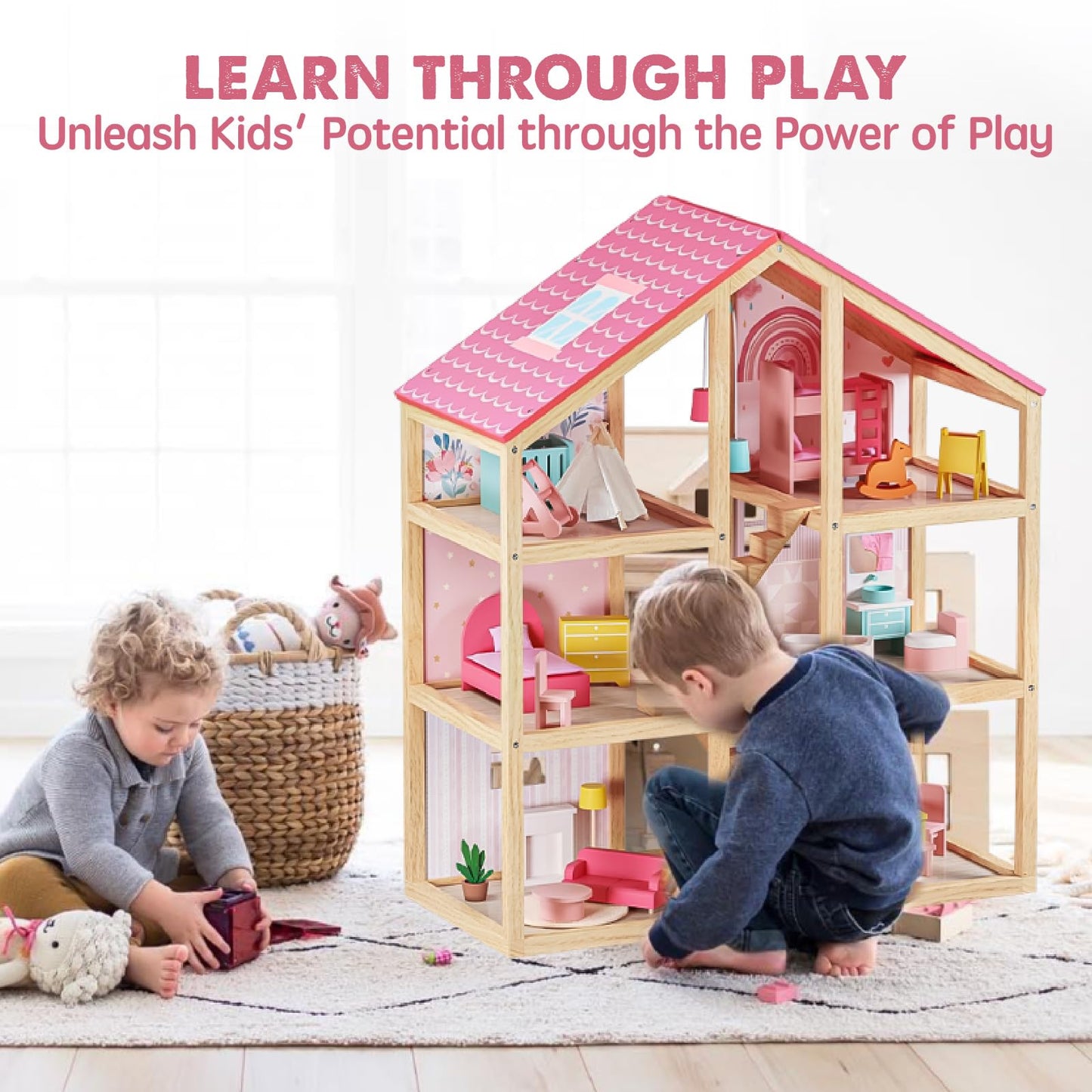 Tiny Land Wooden Dollhouse for Girls & Dollhouse Garage Toy Set
