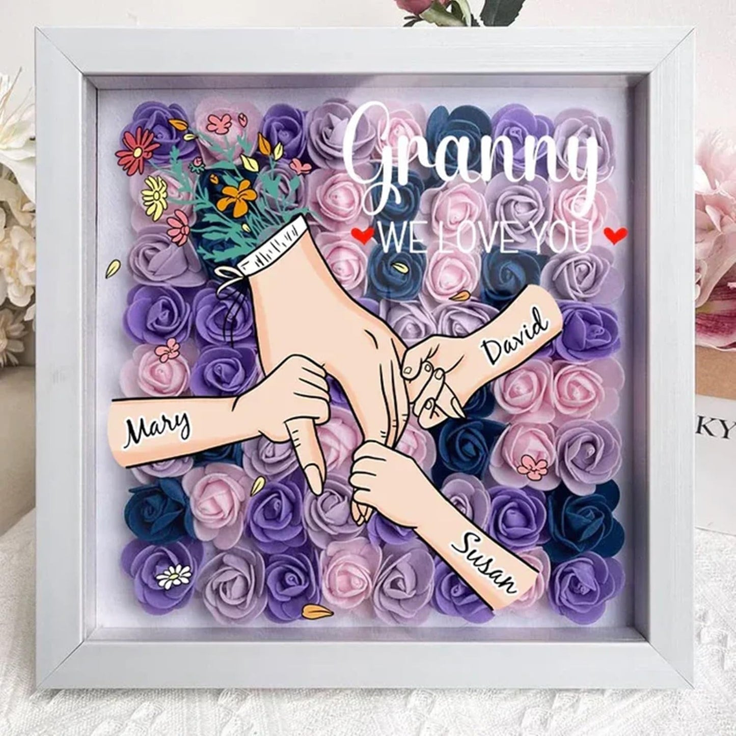 Custom Mom Flower Shadow Box with Kids Name for Mother's Day Personalized Eternal Flower Shadow Box with Text Mothers Day Anniversary Birthday Flower Gift for Mom Grandma