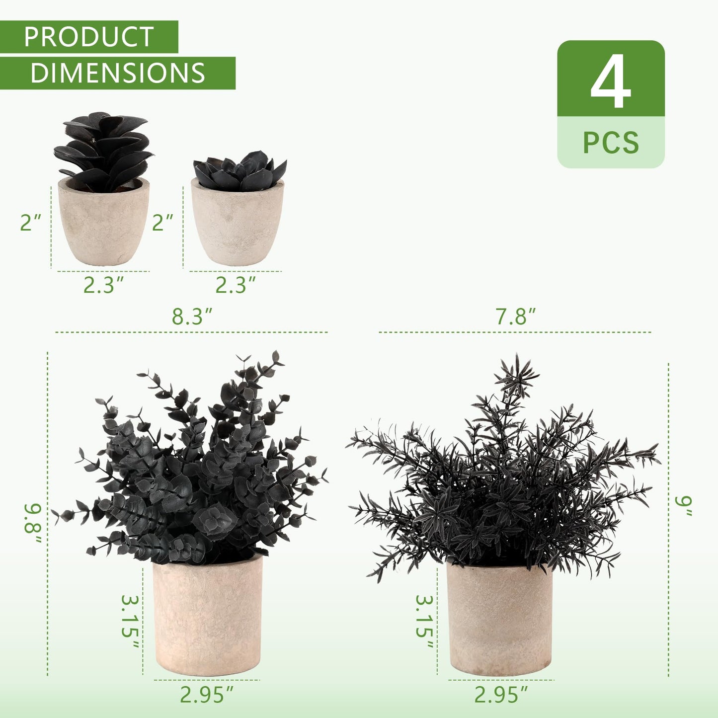 ALAGIRLS 4 Packs Fake Plants Small Artificial Plants Indoor Black Eucalyptus Rosemary Succulents Plants Potted Faux Plants for Home Indoor Office Bathroom Living Room Decor