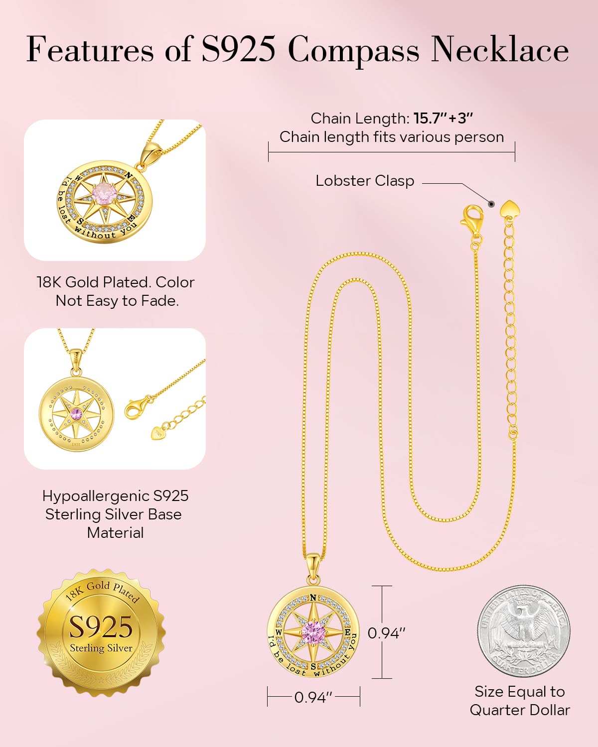 S925 Necklace Gift for Wife |Compass Jewelry |Women Anniversary |Sterling Silver |Girlfriend Birthday Necklaces for Her Valentines |I'd be Lost without You |Jewel 18K Gold Oct 10
