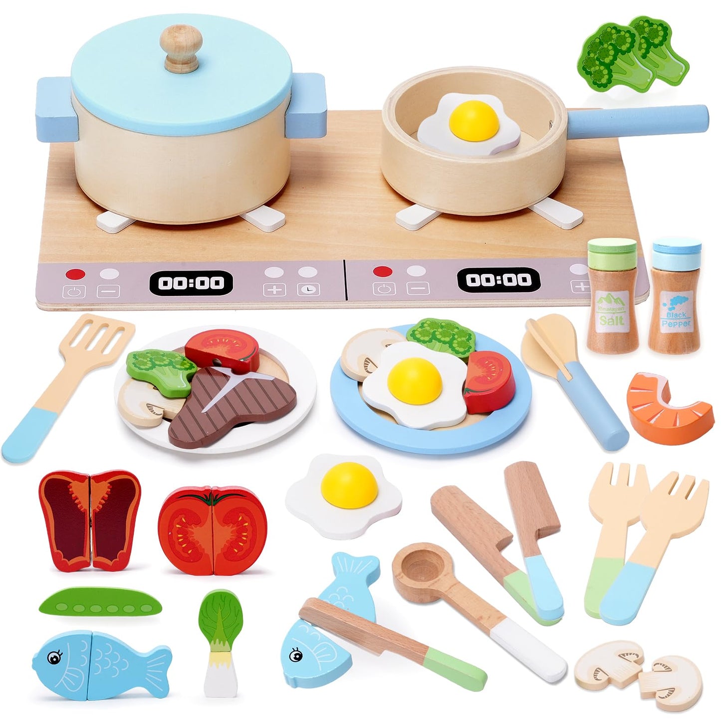 Play Kitchen Accessories, Wooden Play Cooking Set, Pretend Play Kitchen Set for Kids, Including Stove, Cookware Pots and Pans, Cooking Utensils Playset, Cutting Food Playset for Girls Boys Toddler