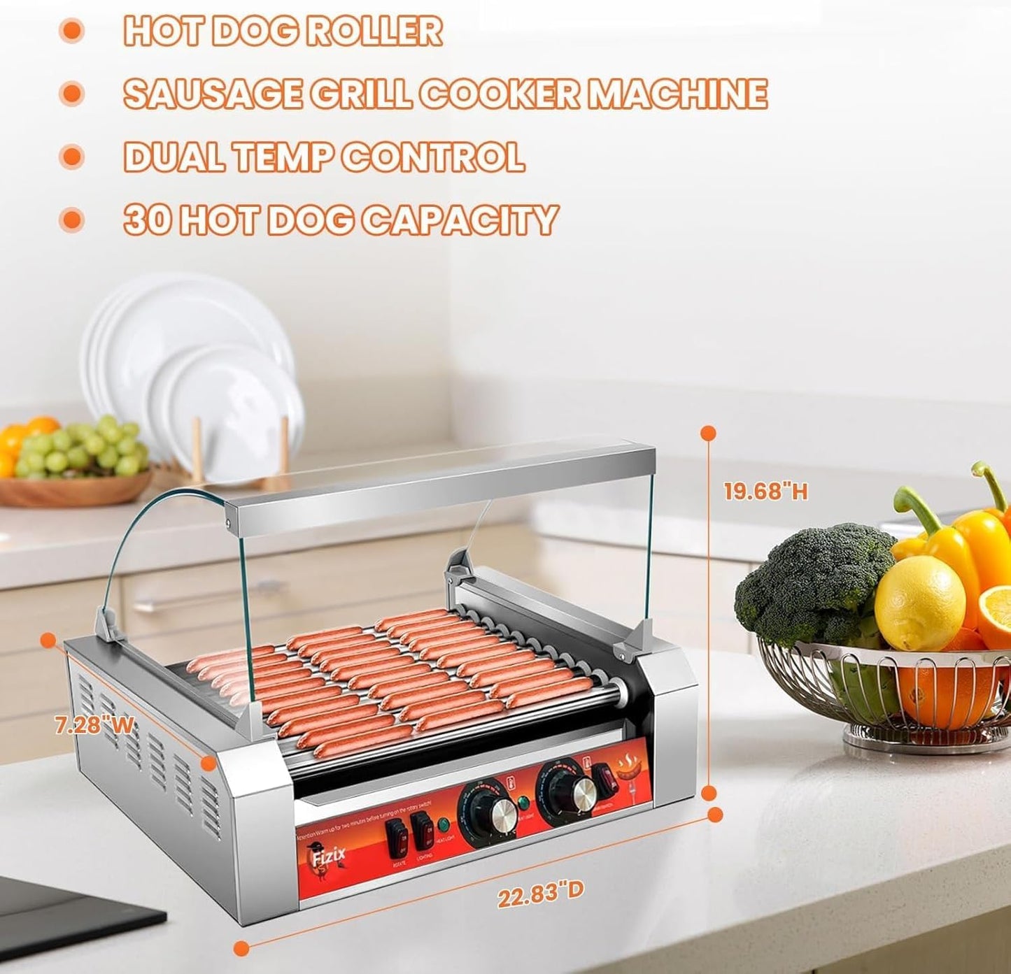 Vexon 11-Roller Hot Dog Machine，Holds 30 Hot Dogs，1670W ，Non-Stick & Stainless Steel，for Parties, Events & Food Stalls