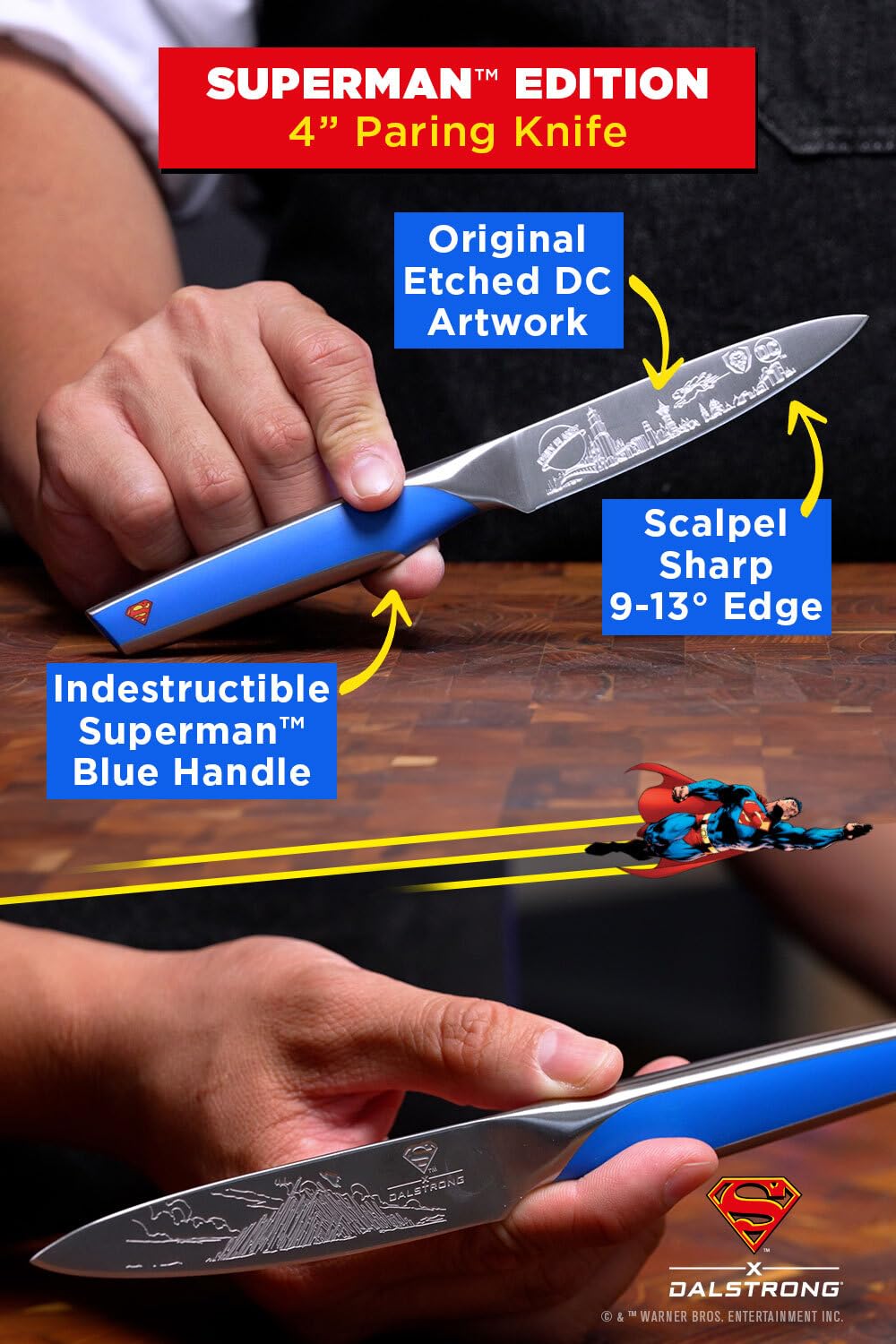 Dalstrong Knife Set-2pc- DC SUPERMAN™ Licensed Edition-8" Chef Knife & 4" Paring Knife-Premium German Stainless Steel-POM Handle Kitchen Knife Set-Leather Sheaths