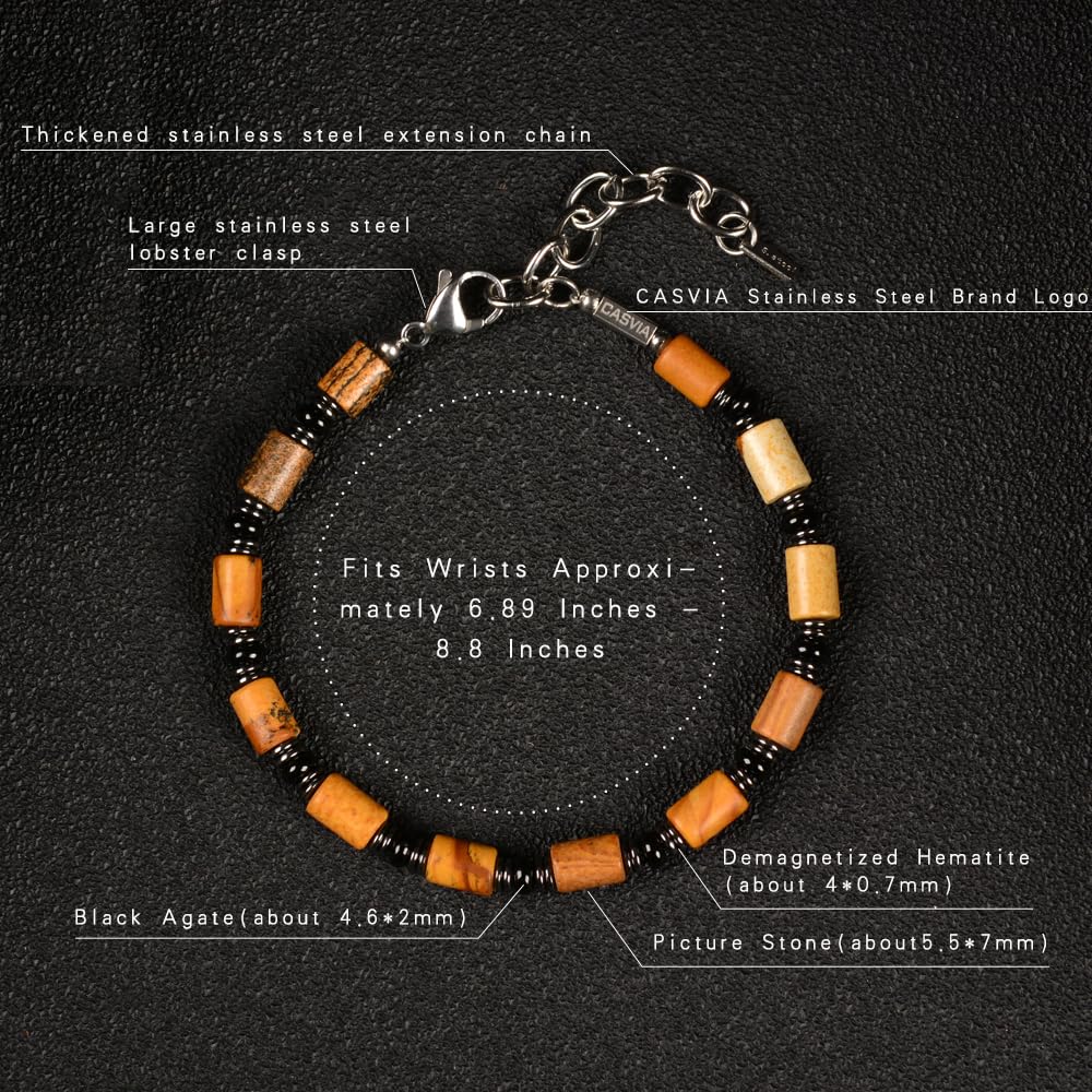 Casvia Mens Beaded Bracelet, Picture Stone, Hematite & Black Agate, Adjustable Stainless Steel Chain, Handmade Chakra Jewelry Gift for Dad Husband Boyfriend