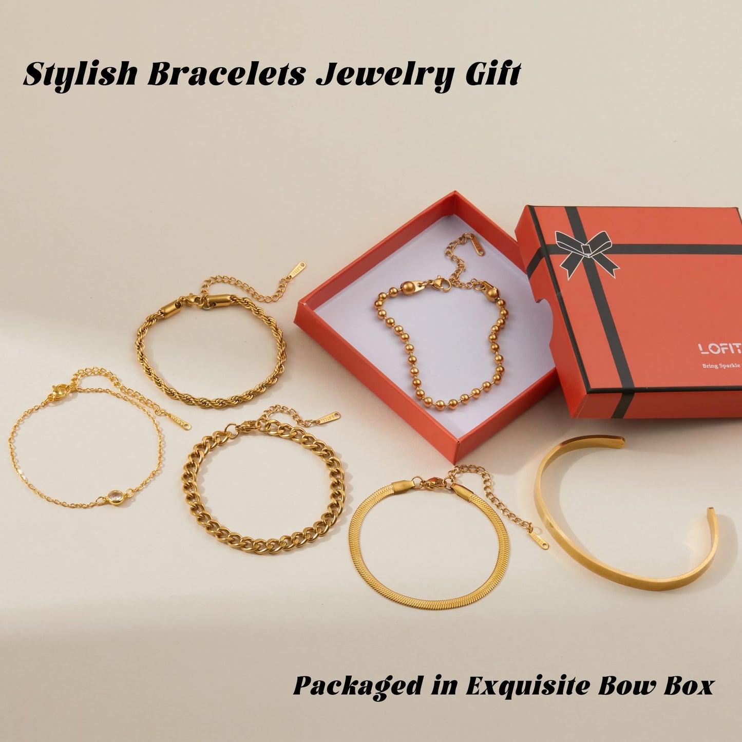 LOFITOR Gold Bracelets for Women Dainty Non Tarnish Link Chain Bracelets Set for Women Trendy Adjustable Chunky Thin Bracelets Stack Layered With Cuff Beaded Cuban Rope CZ Heart Cross Jewelry Gifts CZ