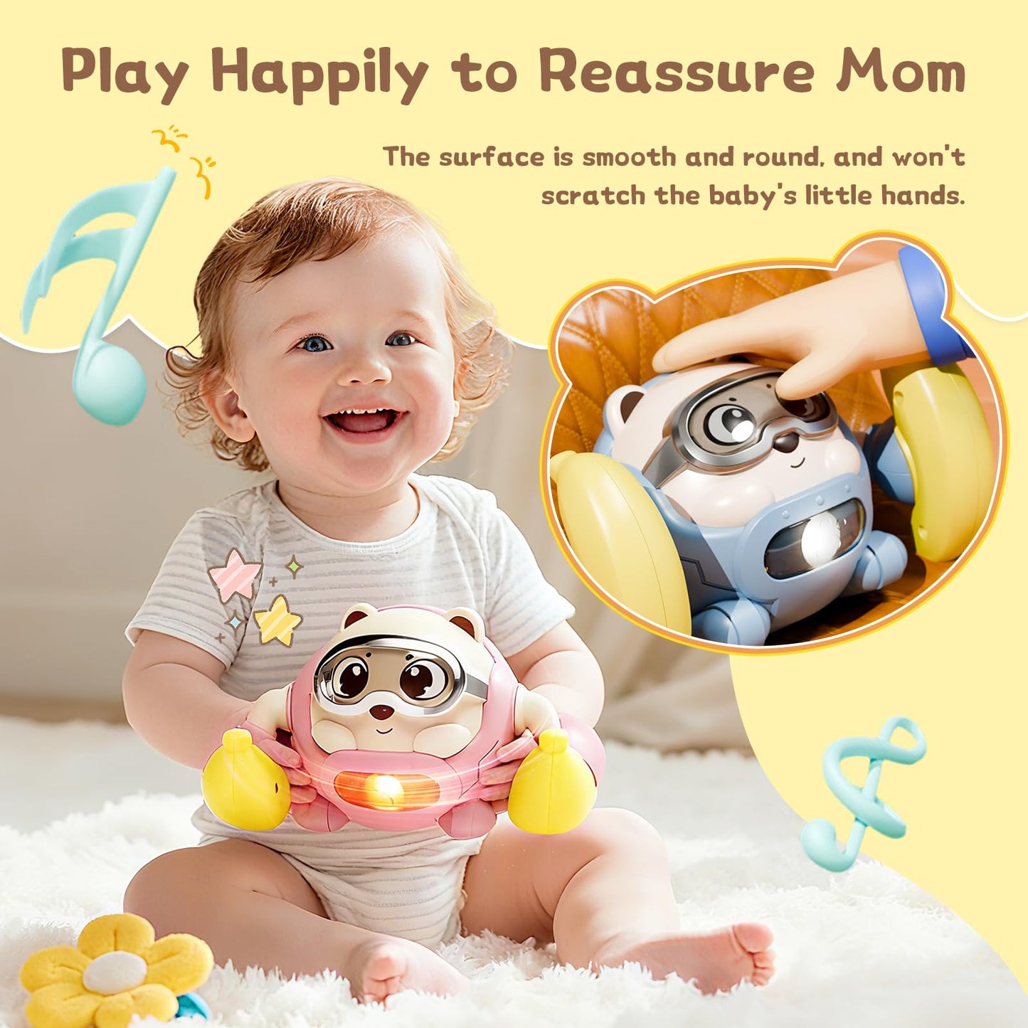 Rolling Baby Toy Crawling Toys, Baby Musical Toys 360° Rolling Bouncing Tummy Time Toys Bear Walking Moving Infants Toy, Learning Walking Toys Birthday for Toddler Boys & Girls