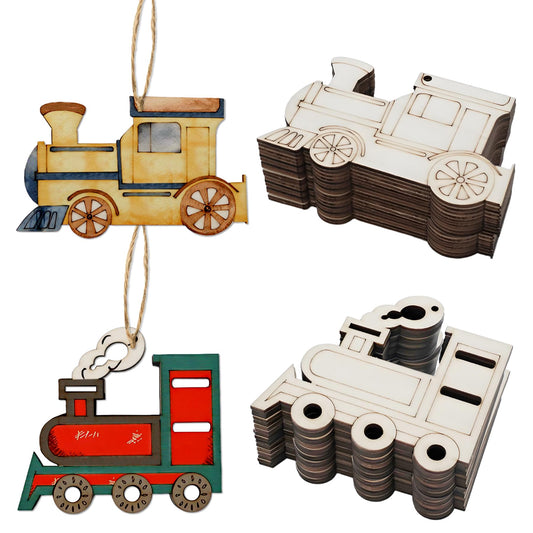 40-Pack 4 Inch Unfinished Wood Train Cutout for Crafts, Paintable Train Shape Wooden Slices Predrilled DIY Train Ornaments for Birthday Decoration Holiday Party Hanging Decor