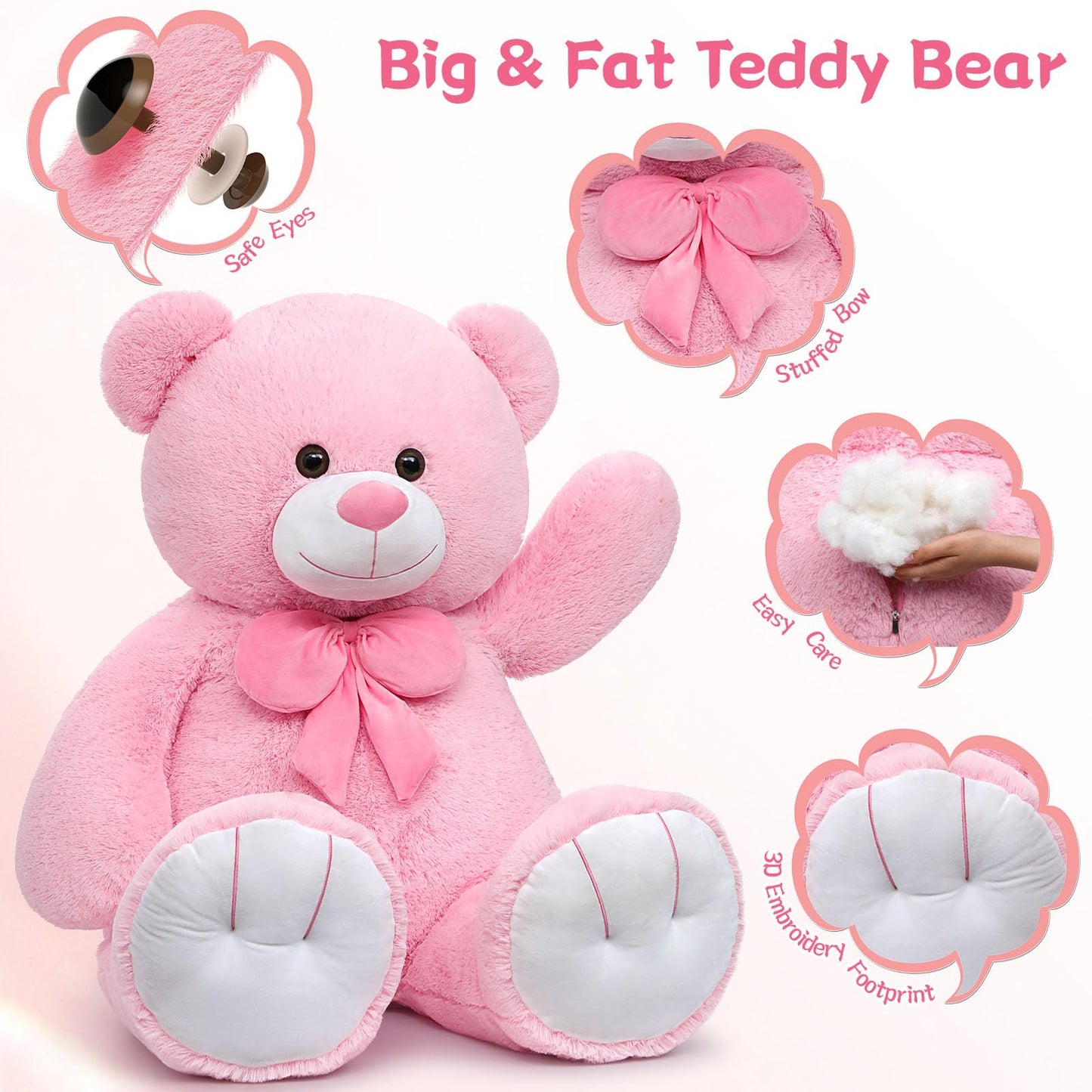 MaoGoLan Giant 59" Teddy Bear Stuffed Animal, Cuddly Large Classic Teddy Bear Plush Toy Valentines Day Gift for Girlfriend Boyfriend Kid, 5ft Pink Stuffed Animal for Birthday Gift Baby Shower Decor