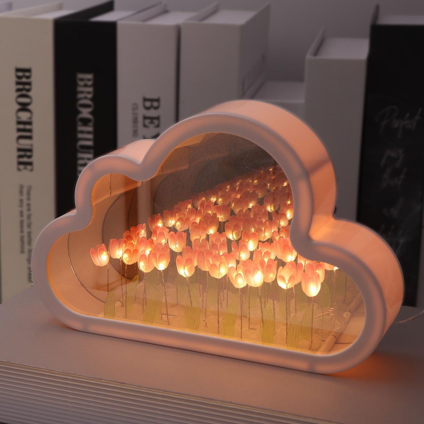 ITOWNKN Unique Tulip Lamp Cloud Night Light, Fully Assembled Infinity Flowers Mirror, USB Powered Home Decoration Table Lamp, Aesthetic Room Decor Gifts for Teen Girls Kids (Pink)