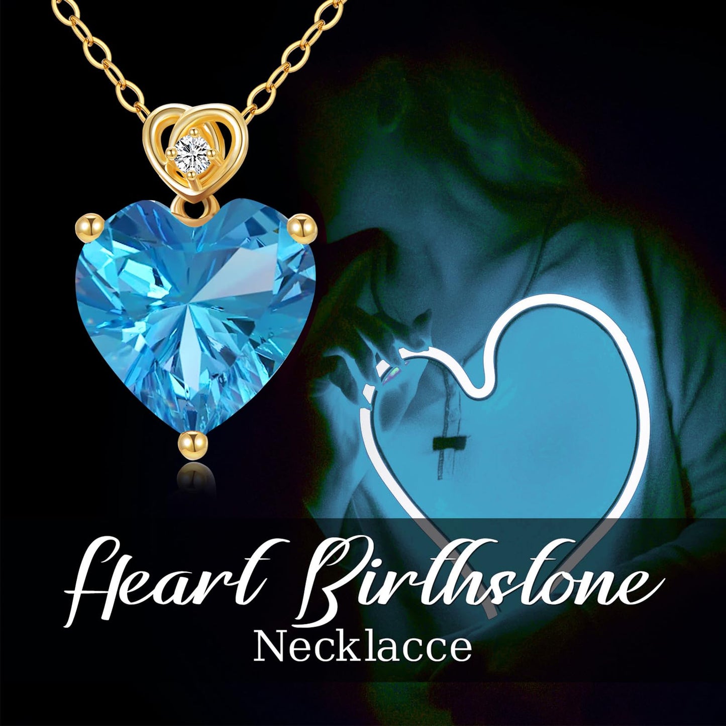 NFYBD 14k Gold Love Heart Blue Topaz Birthstone Pendant Necklace for Women 3 Carat Heart-cut Created Gemstone Anniversary Birthday Mother's Day Necklaces for Her 16+1+1 inch-Dec