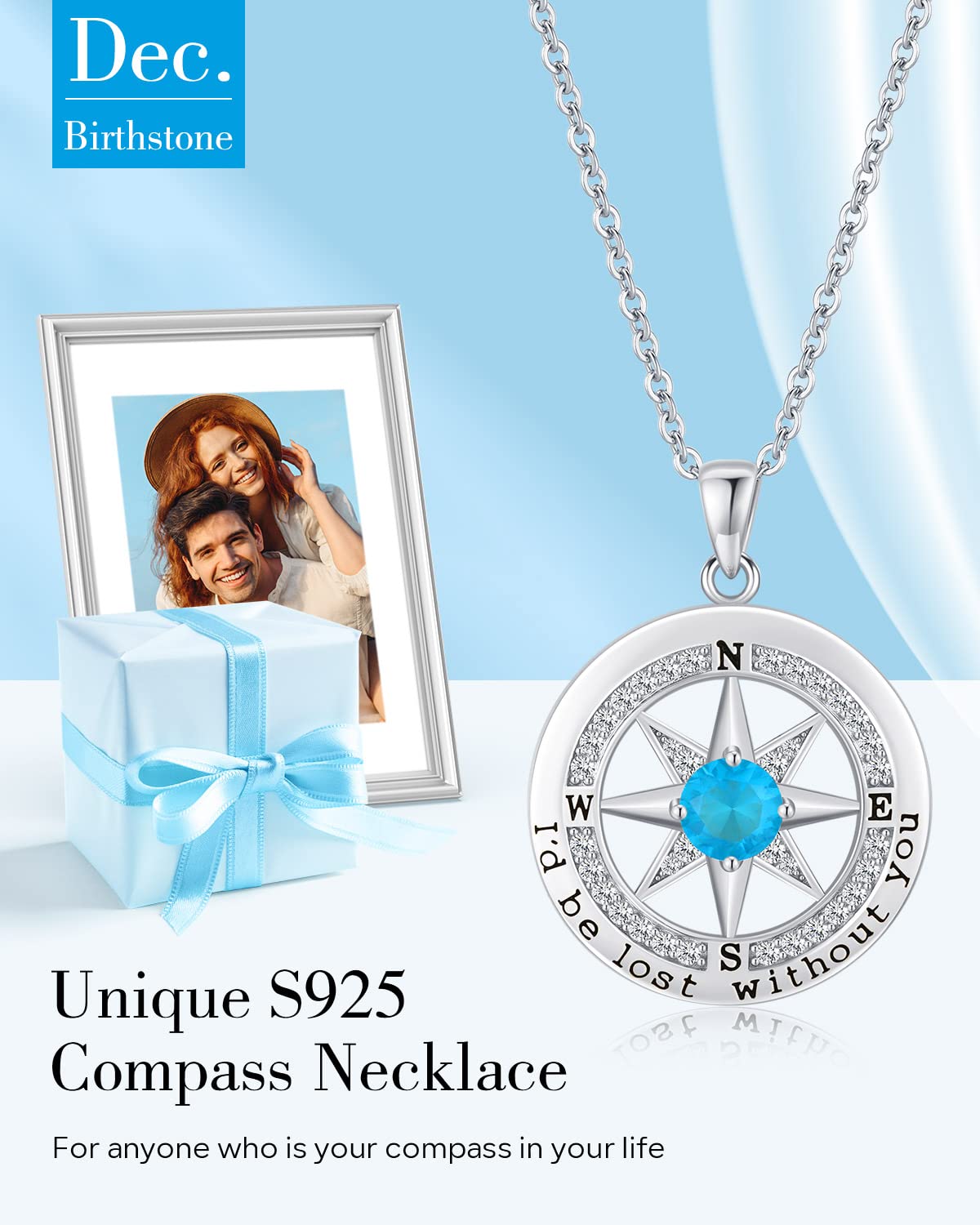 S925 Sterling Silver Necklace for Wife, Women Anniversary Year Gifts Compass Jewelry, Birthday Gift Ideas for Her Girlfriend Woman Necklaces, 18K White Gold December