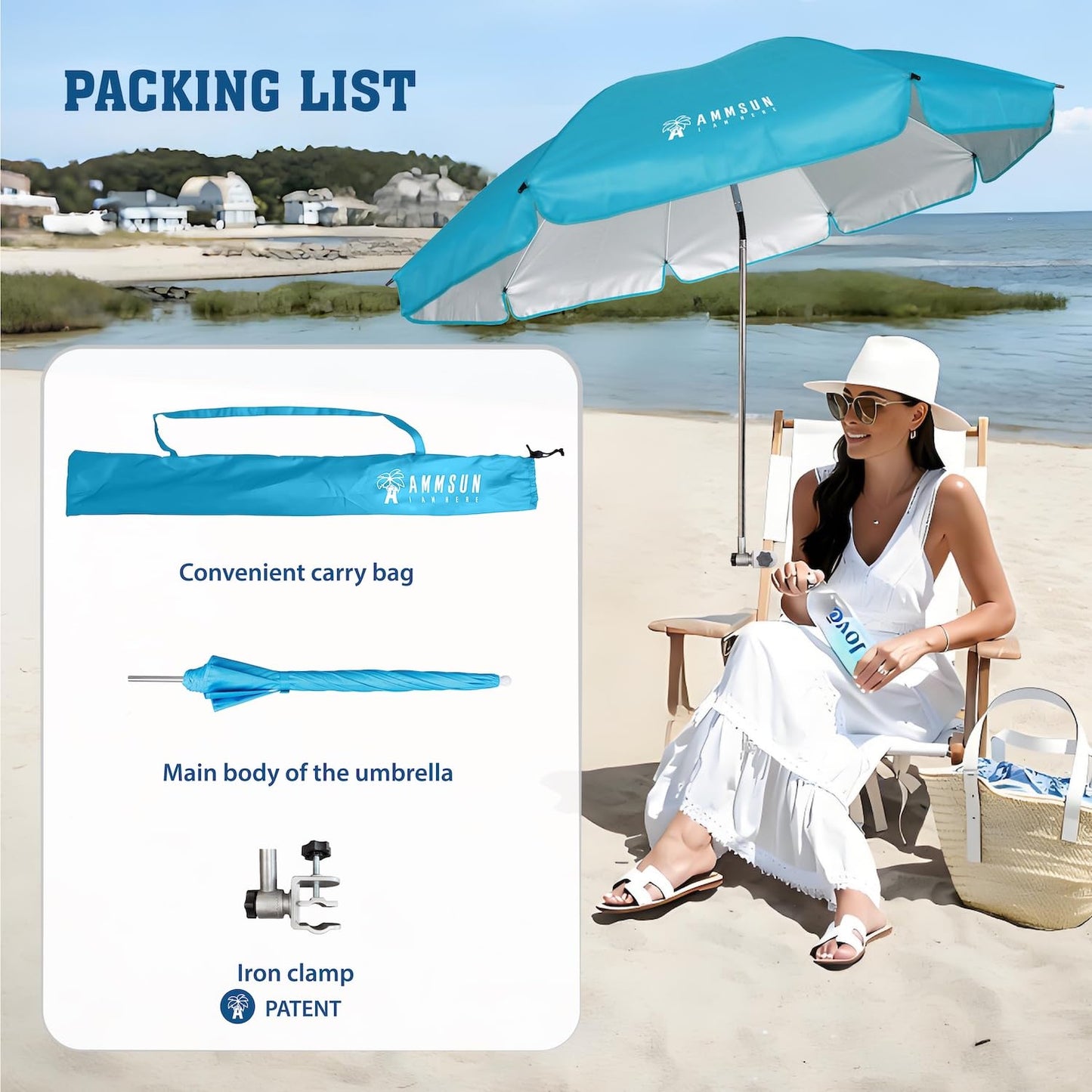 AMMSUN Chair Umbrella with Universal Clamp Adjustable 47 inches and 360° Swivel & UPF 50+ Protection Portable Sun Umbrella, Secure Clip on Camping/Beach Chairs, Stroller, Wheelchair, Golf cart, Lounger, Light Blue, 2 PACK