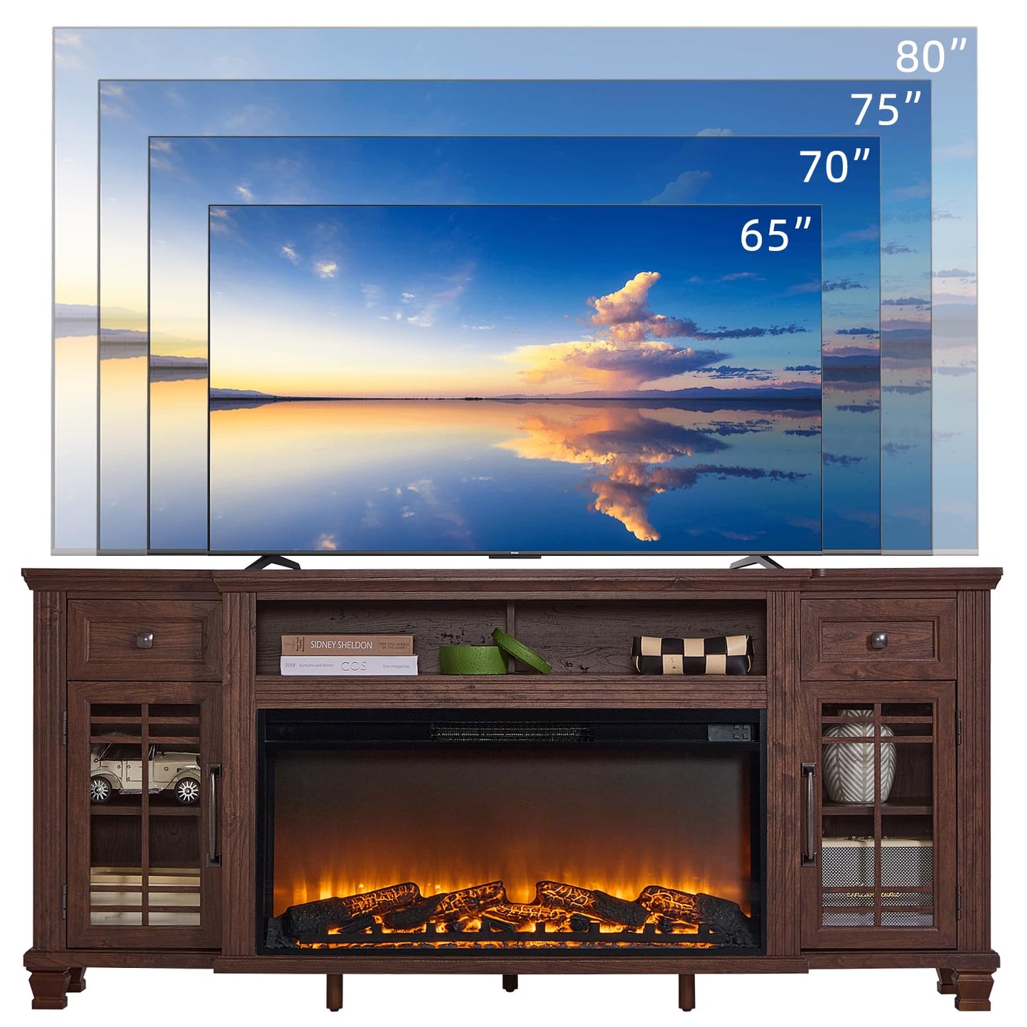SAVOR LIFE 70" Fireplace TV Stand with 36”Silent Electric Fireplace, Farmhouse Entertainment Center for TVs up to 80", 2 Drawers TV Console with Glass Door Cabinet, Walnut TVs Cabinet for Living Room