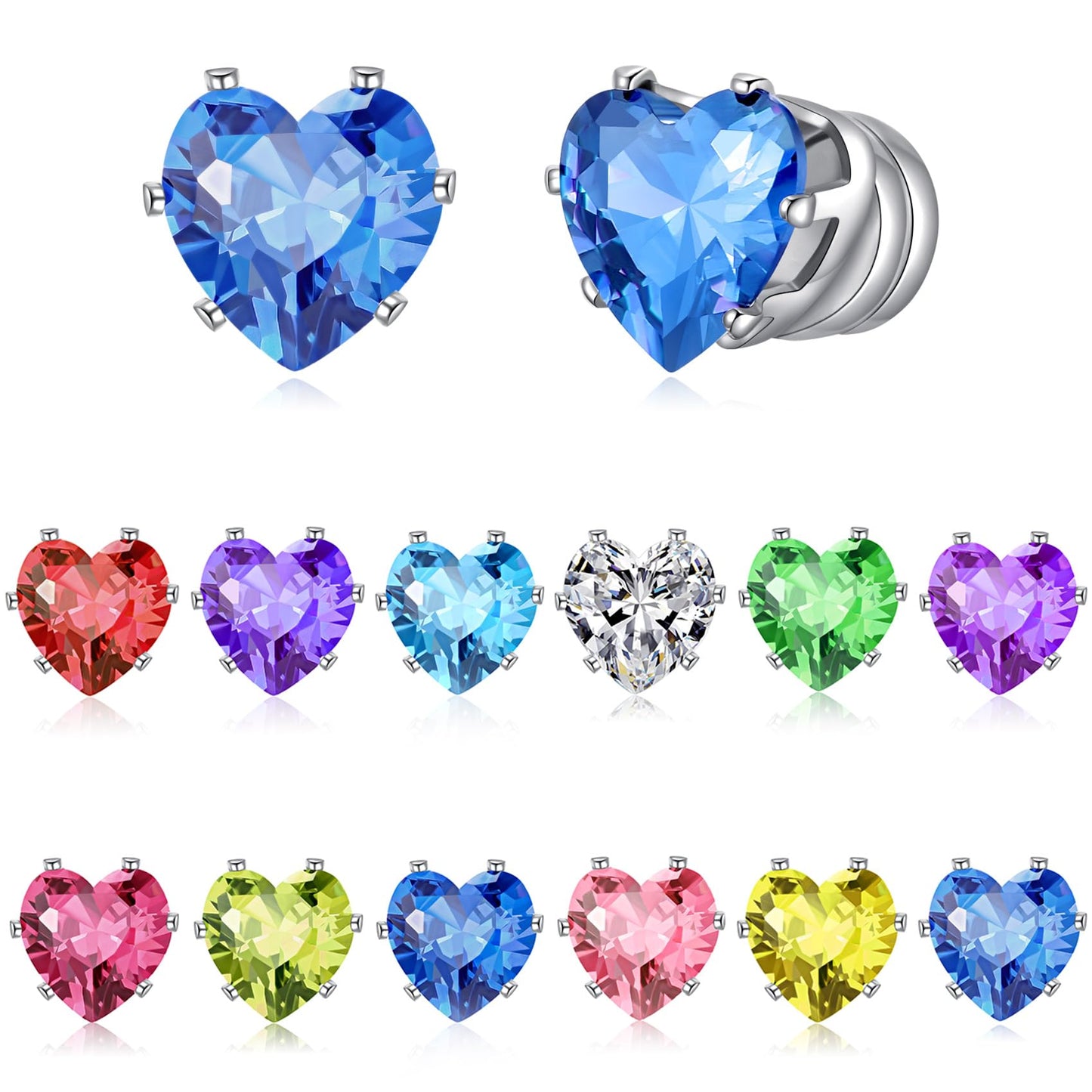 Spiritlele 12 Pairs Birthstone Magnetic Earrings Set Cubic Zirconia Clip on Non Piercing Fake Stud Earrings Birthday Gifts Unisex (Love)