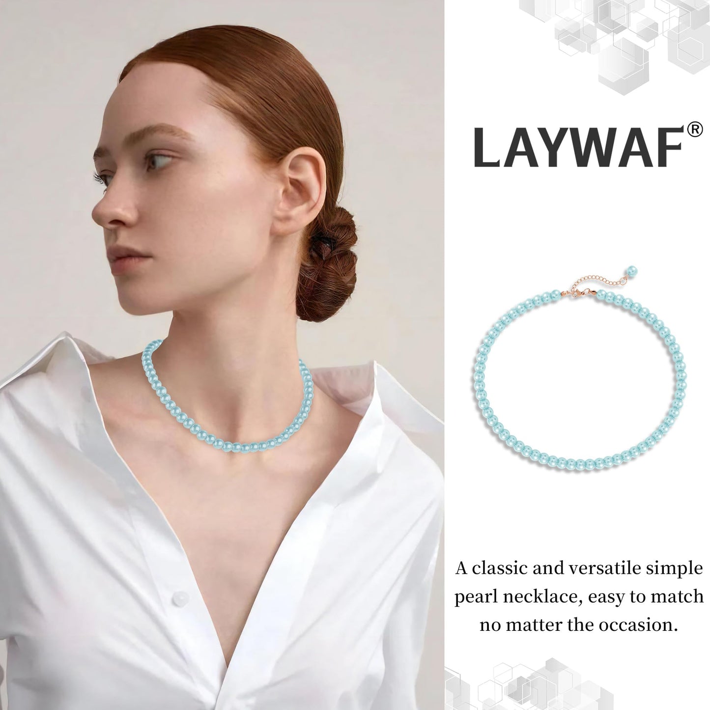 LAYWAF Imitation Pearl Choker Necklace for Women Mom, 8MM Blue Fake Pearls Beaded Necklace, Simple Dainty Faux Pearl Costume Jewelry, Chunky Imitation Pearl Accessories