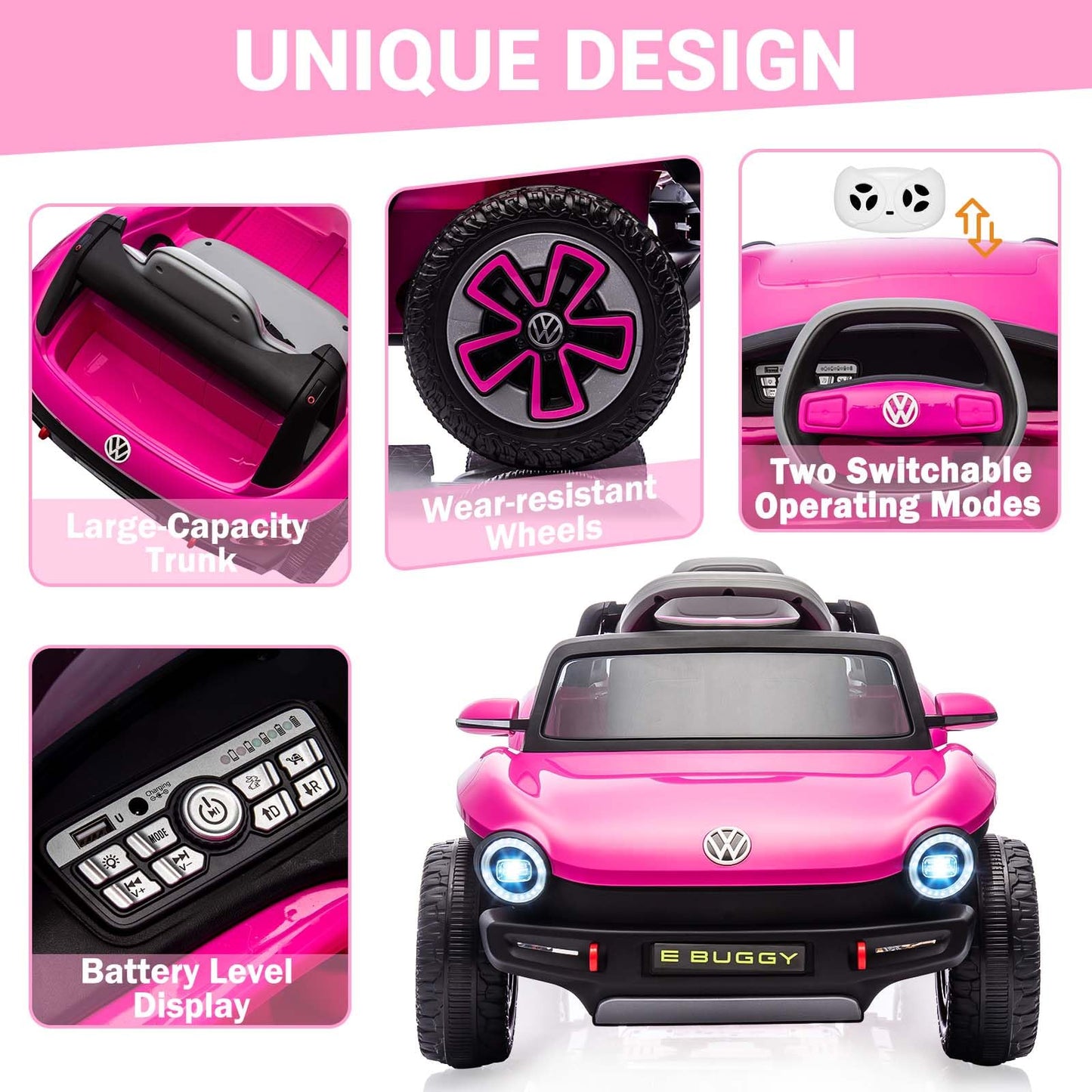 GarveeLife 12V Kids Ride On Car Licensed Volkswagen Beetle Electric Ride On Toy for Toddlers 4 Wheeler Vehicle with Parental Remote, Battery Level Display, LED Lights, USB, Horn, Music, Pink