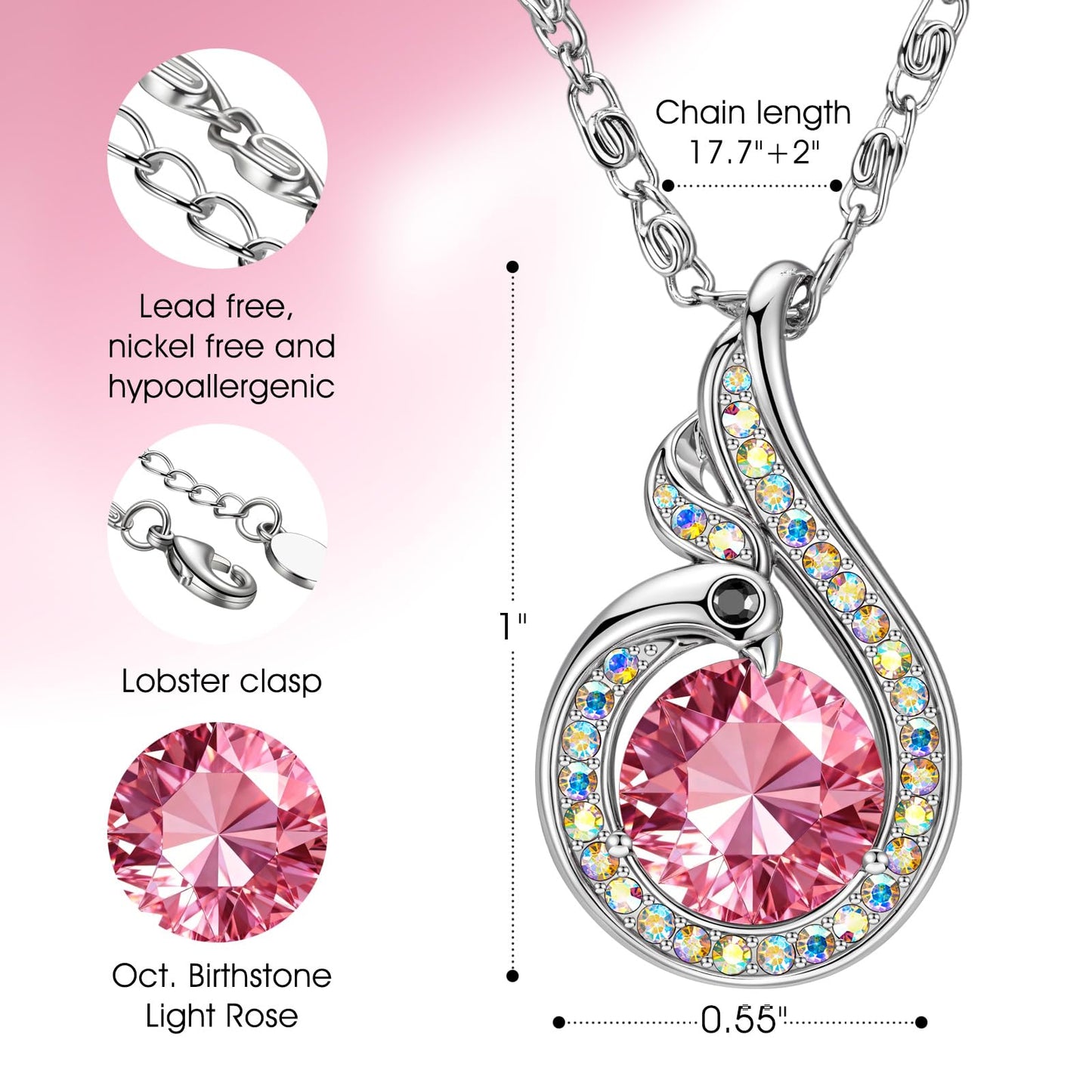 Kate Lynn Phoenix Birthstone Necklaces for Women Pendant Necklace Crystal Jewelry, Birthday Gifts for Women Wife Girlfriend Mothers Day Gift for Mom Daughter Unique Lady Christmas Jewelry Gift for Her, October Birthstone Necklace
