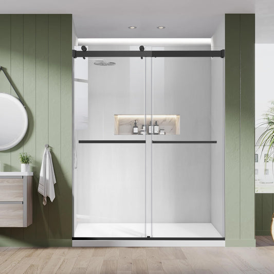 Bathroom Double Sliding Shower Door, 64" W × 76" H Frameless Shower Enclosure with 5/16"(8mm) Clear Tempered Glass Door, Matte Black Hardware, for Walk-in Bathroom
