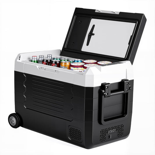 OLIXIS Portable Car Refrigerator, 53QT Dual-Zone Electric Cooler for Vehicles with Wheels & Cutting Board, -4℉-68℉ Freezer Smart Control via Bluetooth, Battery Protection, 12/24V DC & 100-240V AC