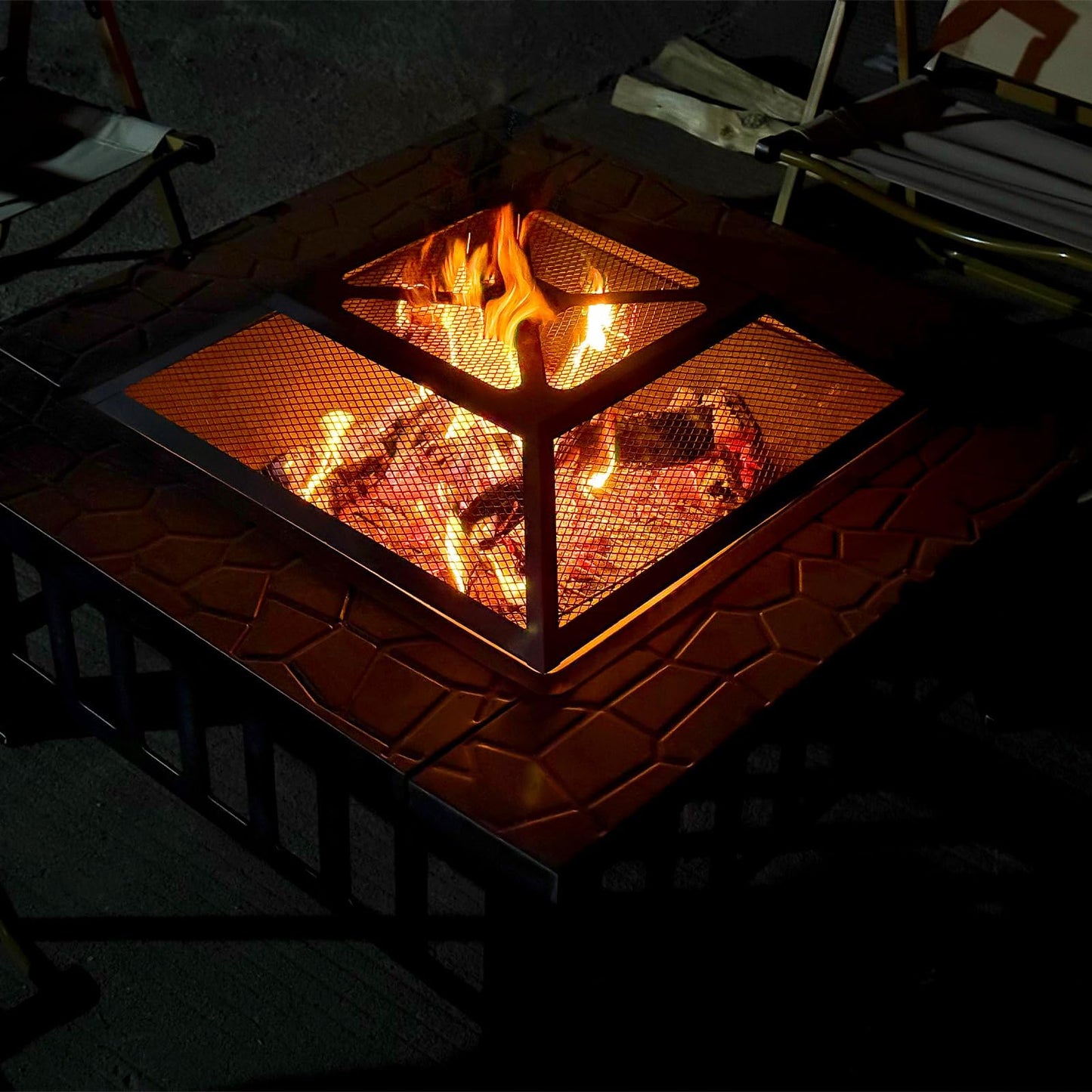 Quilushey 32 Inch Fire Pit Table with Fire Poker & Spark Screen, Outdoor Burning Fire Pits, 3 in 1 Metal Square Firepit Stove for Outside Heating, Bonfire Party, Camping, Patio, Garden