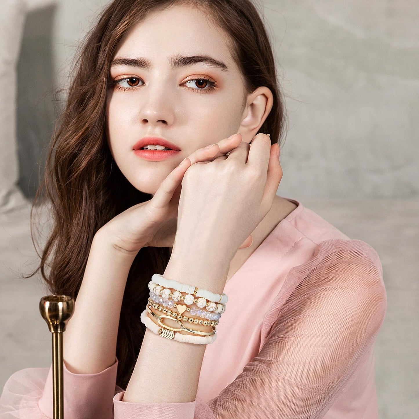 GOOJIDS Surfer Heishi Clay Bead Bracelets for Women Bohemian Stackable Gold Beaded Stretch Bracelets Elastic Layering Friendship Bracelets Set Boho Jewelry